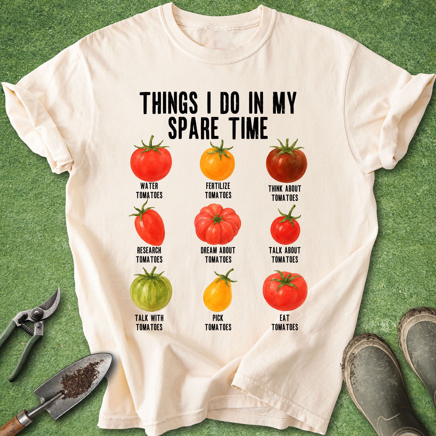 Ivory t-shirt featuring the phrase "Things I Do in My Spare Time" above nine illustrated tomatoes labeled with humorous gardening activities like watering, researching, picking, and eating tomatoes.