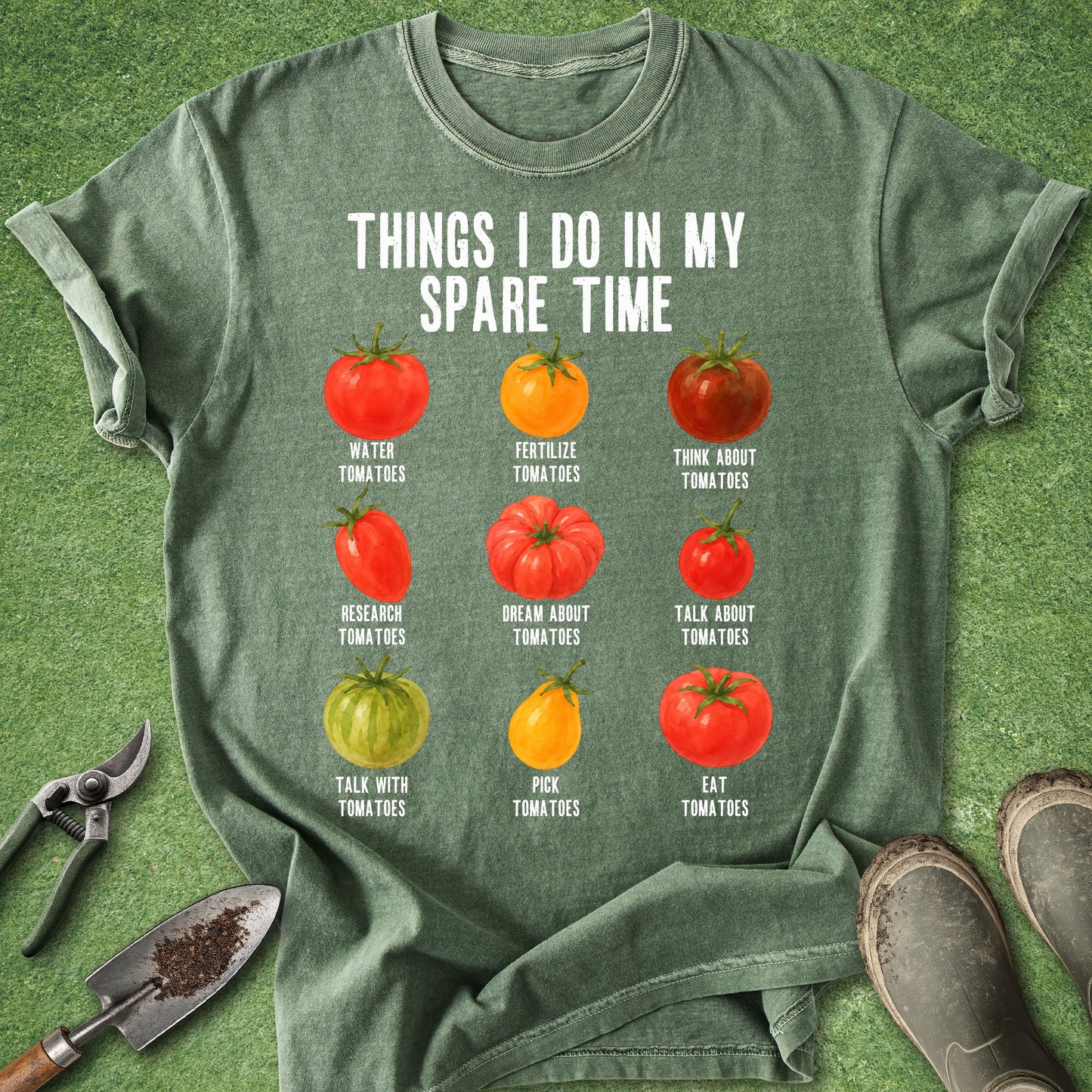 Moss t-shirt featuring the phrase "Things I Do in My Spare Time" above nine illustrated tomatoes labeled with humorous gardening activities like watering, researching, picking, and eating tomatoes.