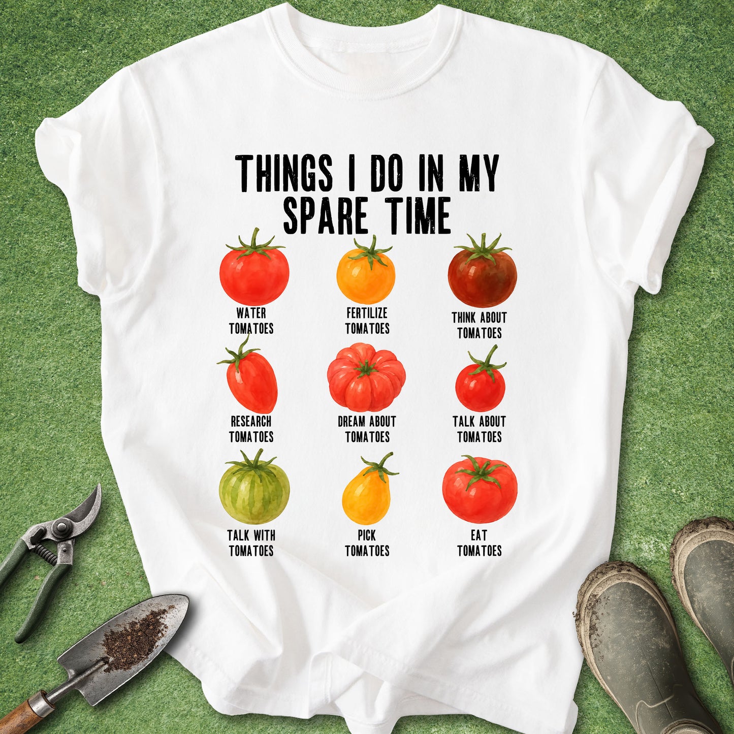 White t-shirt featuring the phrase "Things I Do in My Spare Time" above nine illustrated tomatoes labeled with humorous gardening activities like watering, researching, picking, and eating tomatoes.