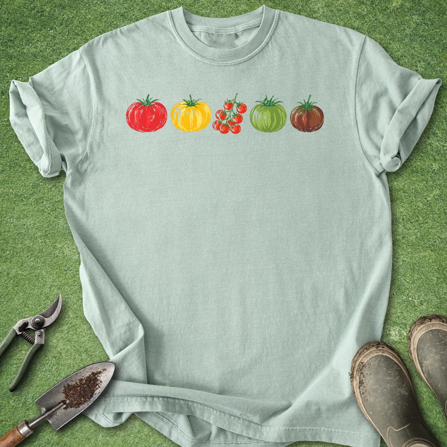 A light sage green t-shirt laid flat on a green grass-like surface, featuring a row of five colorful watercolor-style tomatoes across the chest. Gardening tools and muddy boots are placed around the shirt as styling props.
