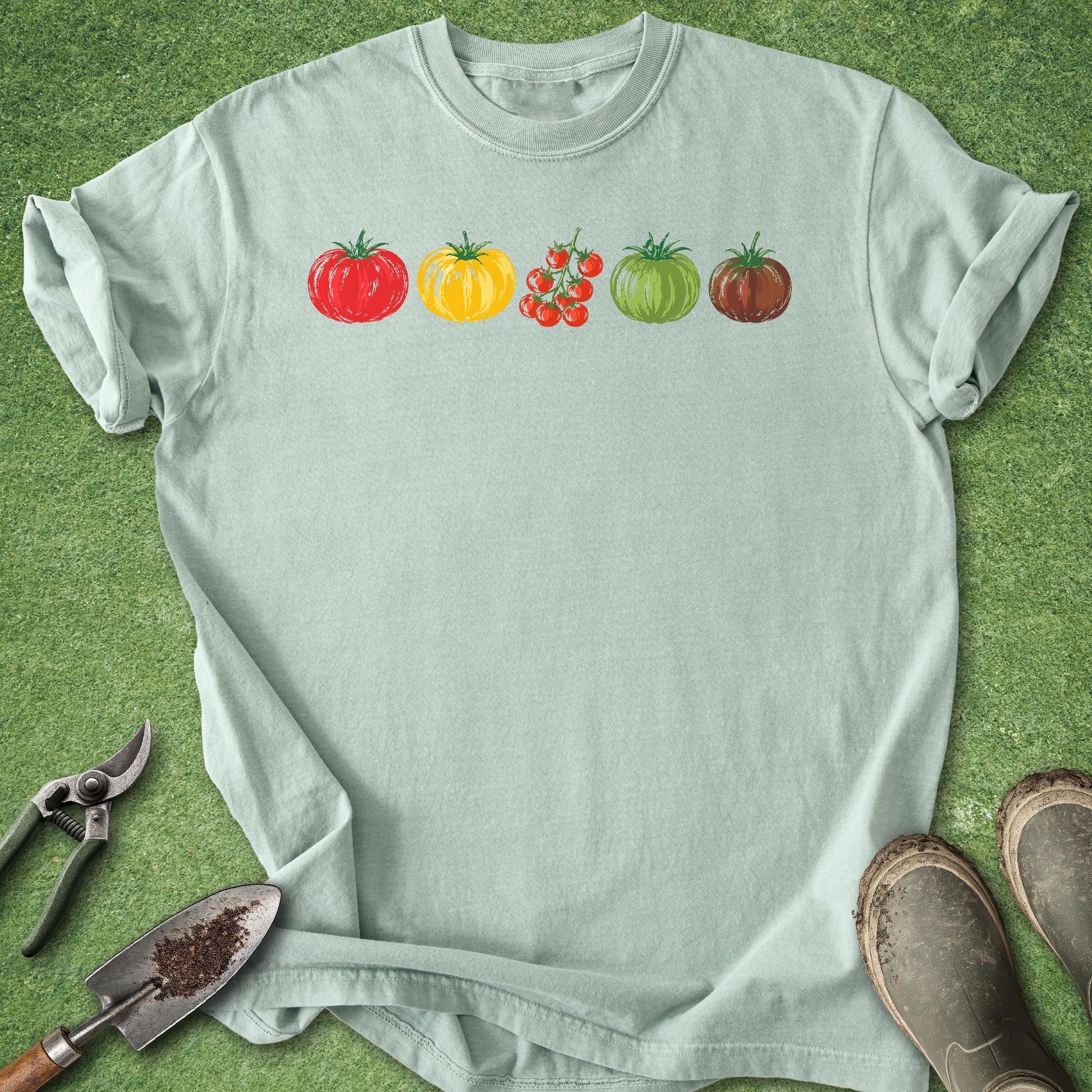 A light sage green t-shirt laid flat on a green grass-like surface, featuring a row of five colorful watercolor-style tomatoes across the chest. Gardening tools and muddy boots are placed around the shirt as styling props.