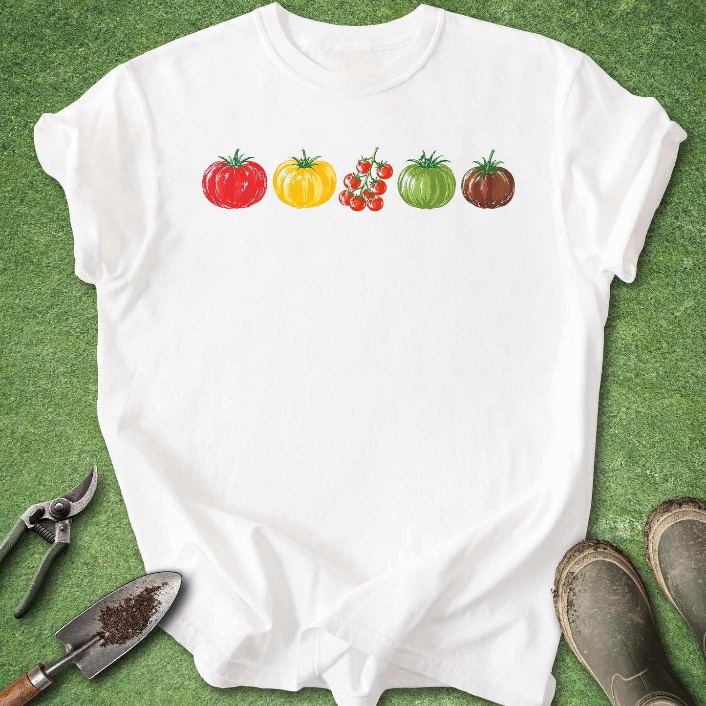 A white short-sleeve T-shirt laid flat on green grass, featuring a row of colorful watercolor-style tomatoes across the chest. Gardening tools and muddy boots are partially visible around the shirt as styling props.
