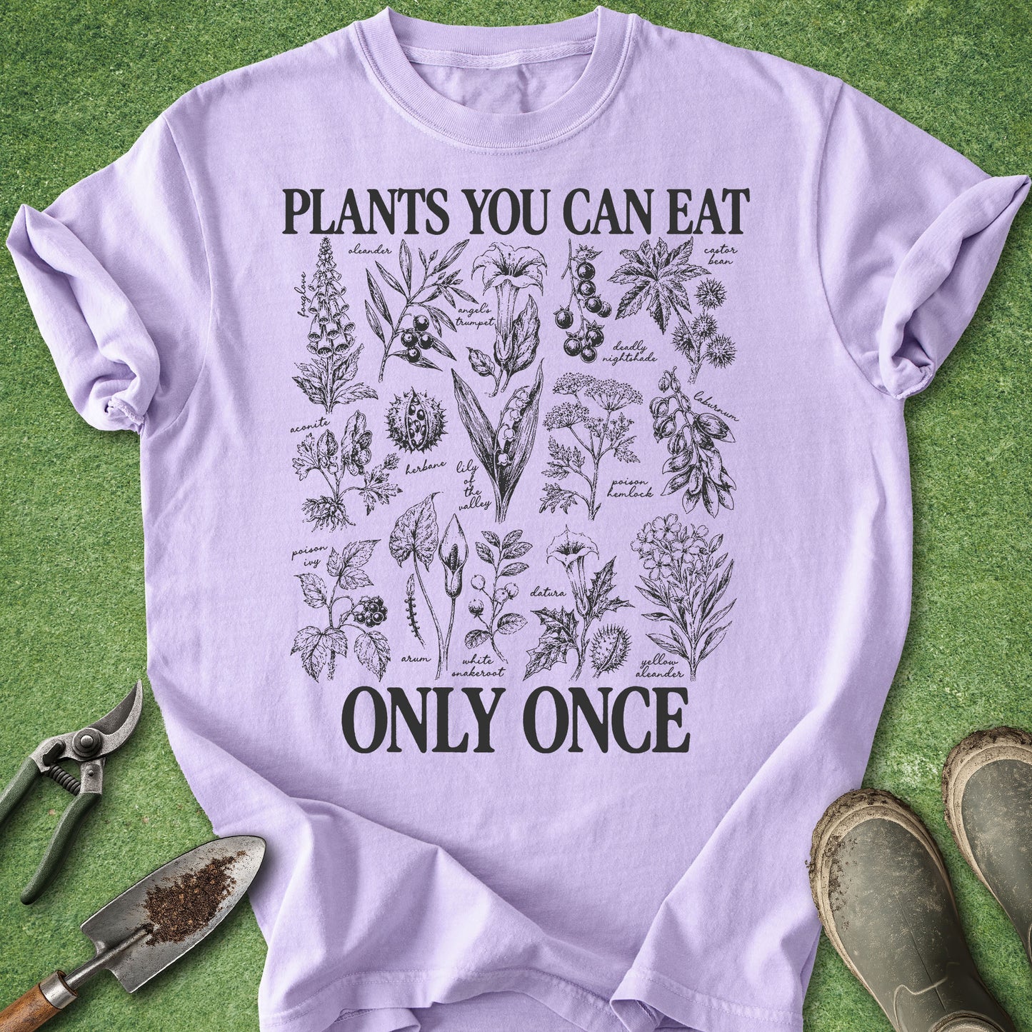 Lavender t-shirt with “Plants You Can Eat Only Once” text and vintage botanical illustrations of poisonous and toxic plants including nightshade, hemlock, oleander and foxglove.