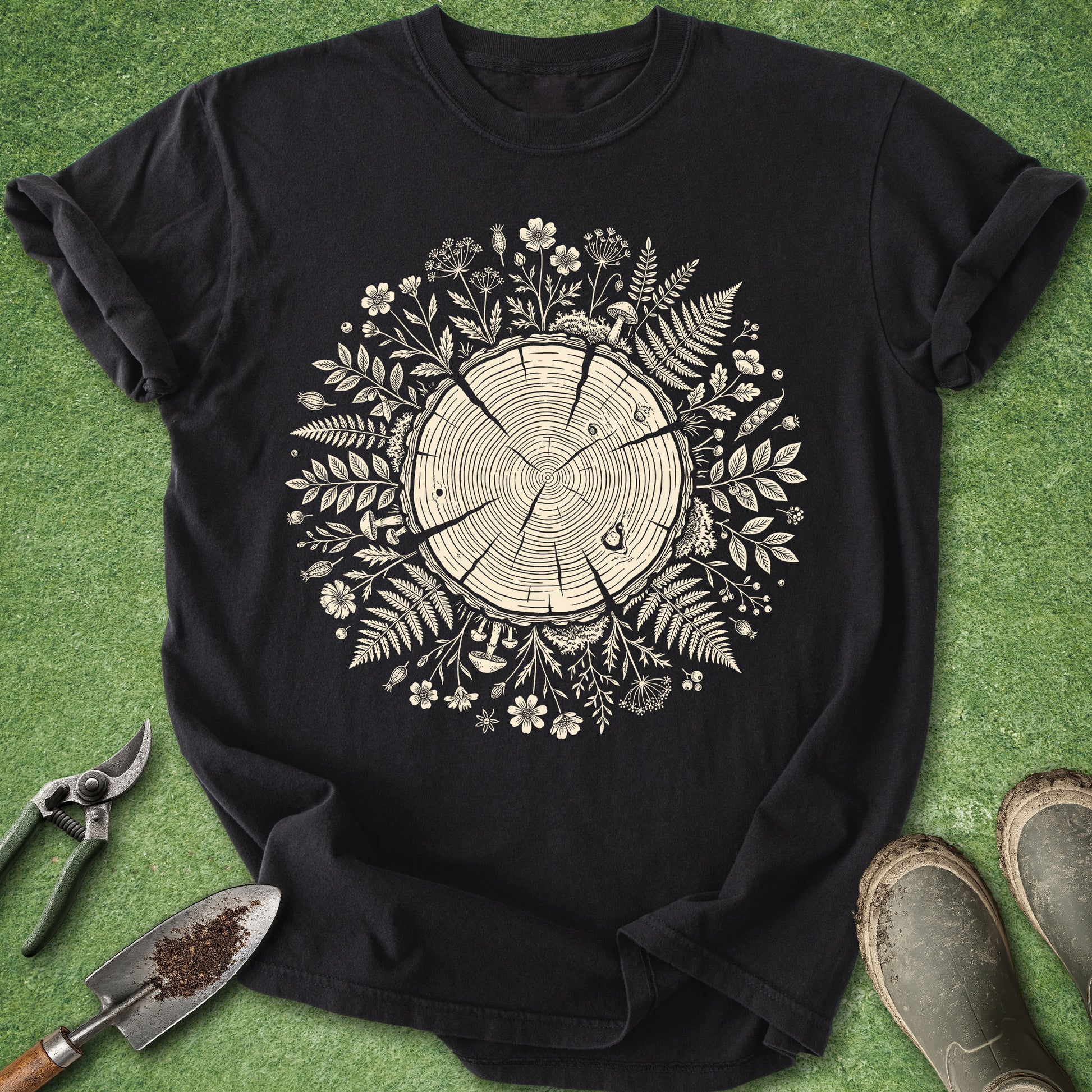 Comfort Colors black t-shirt featuring a detailed tree stump cross-section surrounded by w