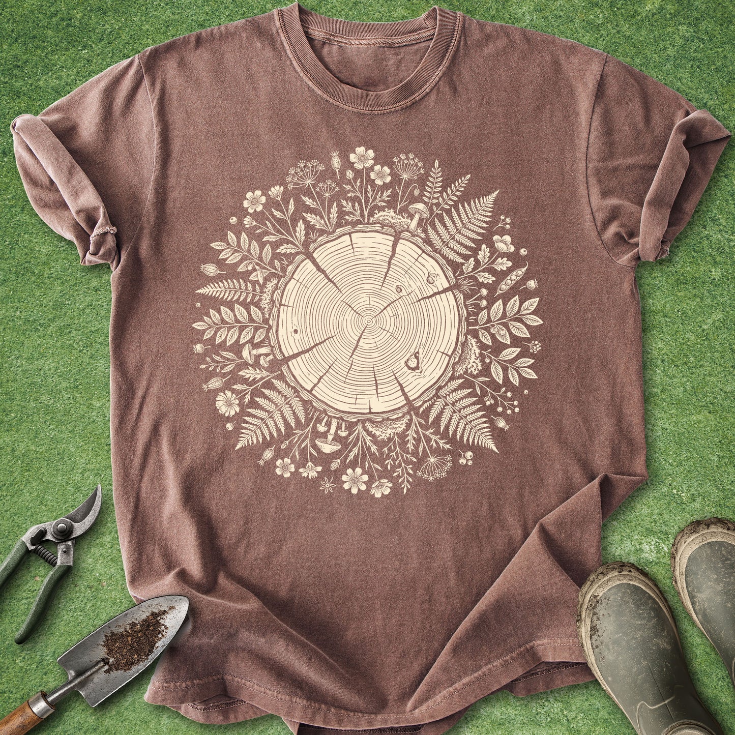 Comfort Colors espresso t-shirt featuring a detailed tree stump cross-section surrounded by w