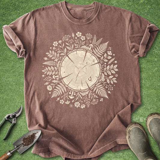 Comfort Colors espresso t-shirt featuring a detailed tree stump cross-section surrounded by w