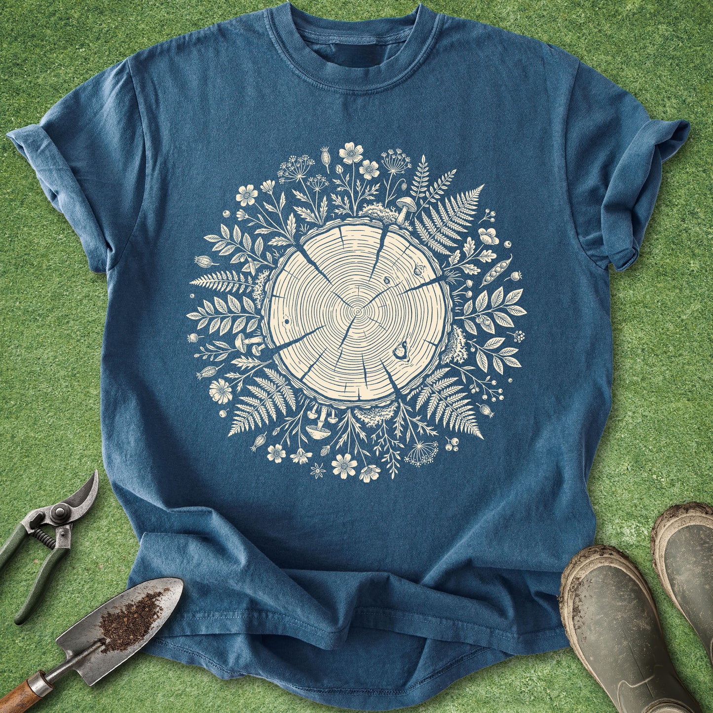A blue short-sleeve crewneck t-shirt with a circular tree-slice and botanical leaf graphic printed in white on the chest, styled flat on green grass with gardening tools and boots nearby.