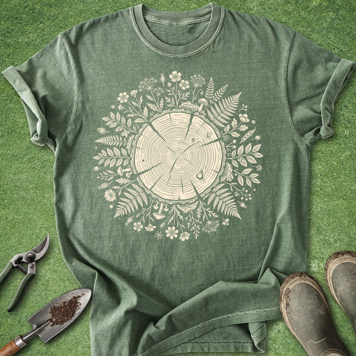 Comfort Colors moss green t-shirt featuring a detailed tree stump cross-section surrounded by w