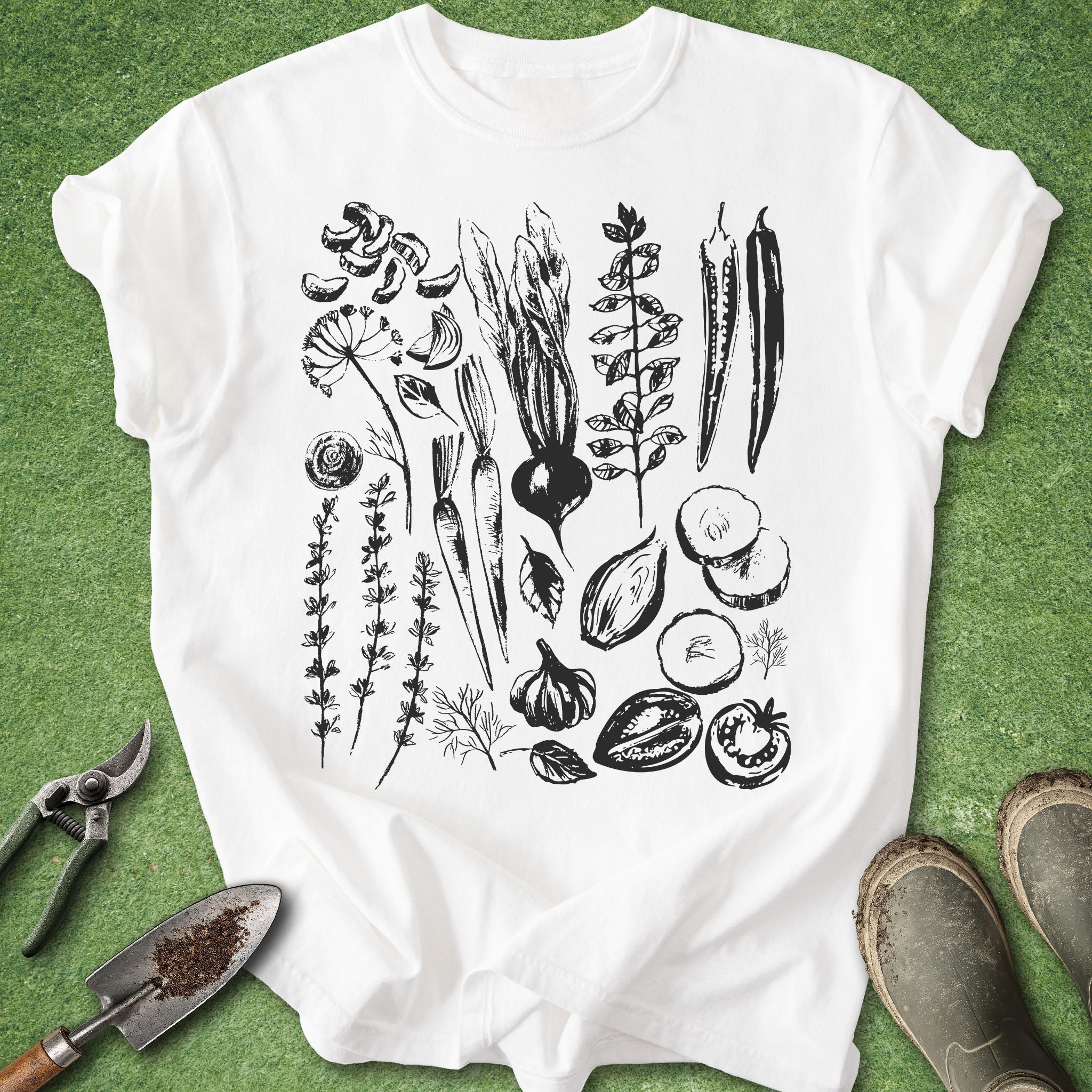Ivory t-shirt with minimalist black hand-drawn vegetable and botanical illustrations arranged in a clean design