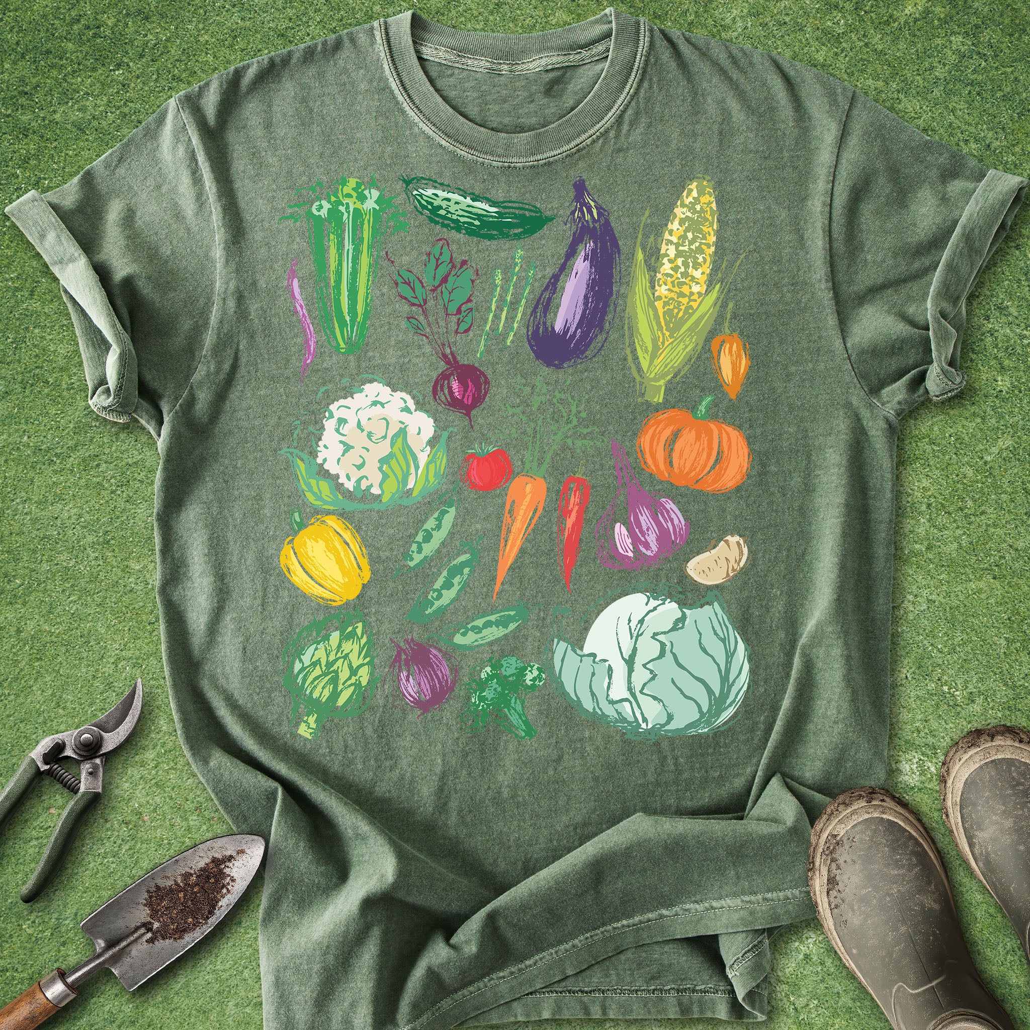 Green t-shirt with colorful vegetable illustrations on a green background