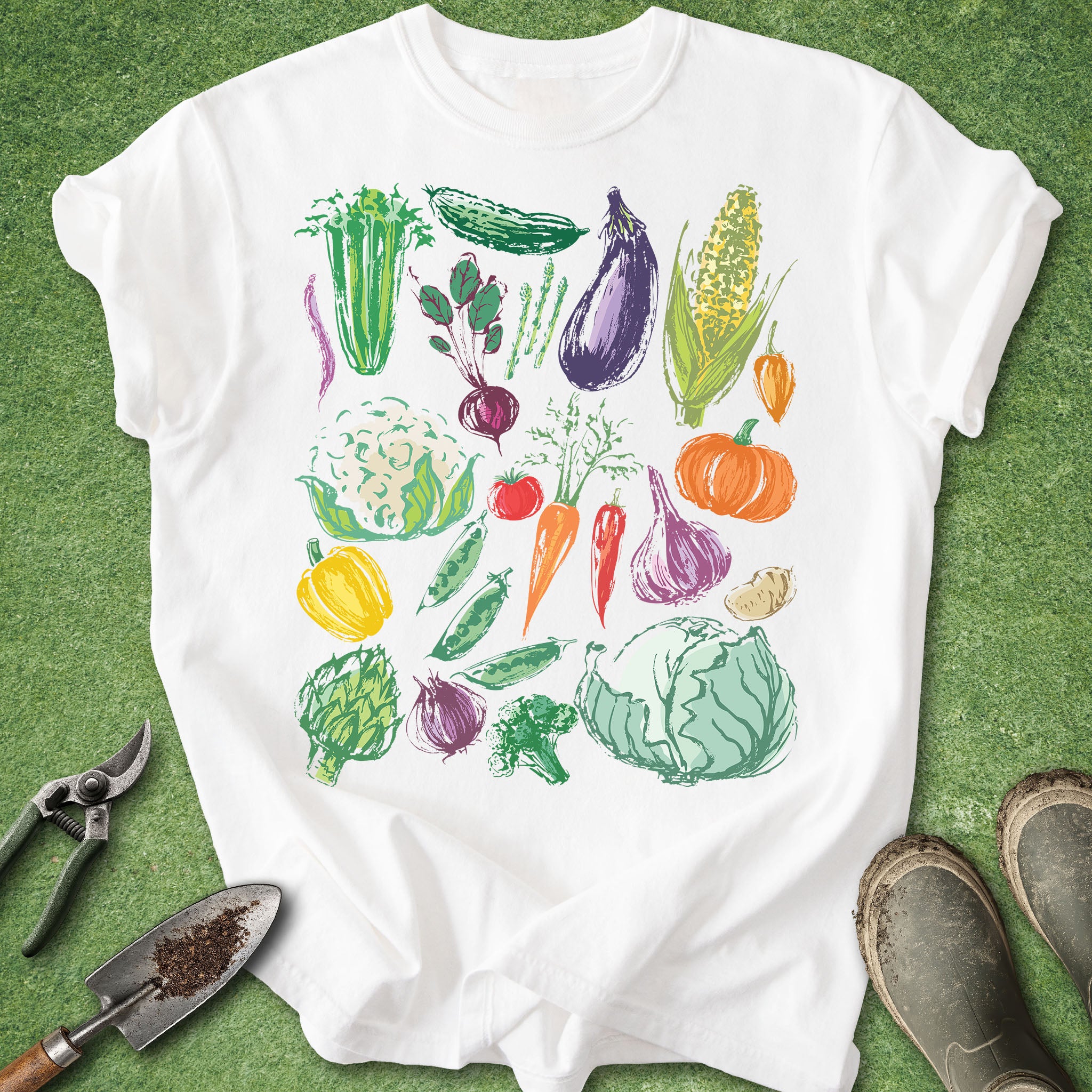 White t-shirt with colorful vegetable illustration on a green background