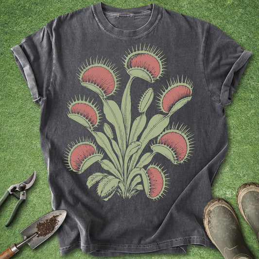 Vintage style Venus flytrap botanical graphic t-shirt with multiple carnivorous plants on pepper shirt