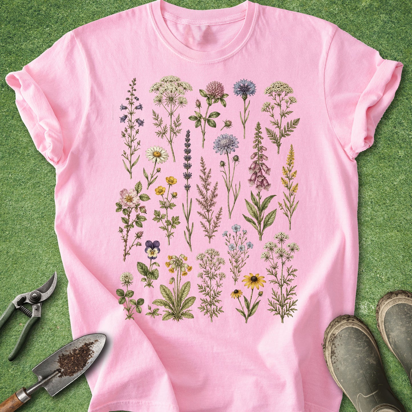 A pink short-sleeve t-shirt with a vintage-style botanical illustration of various wildflowers, laid flat on a green grass-like surface with gardening props including pruning shears, a trowel, and boots.