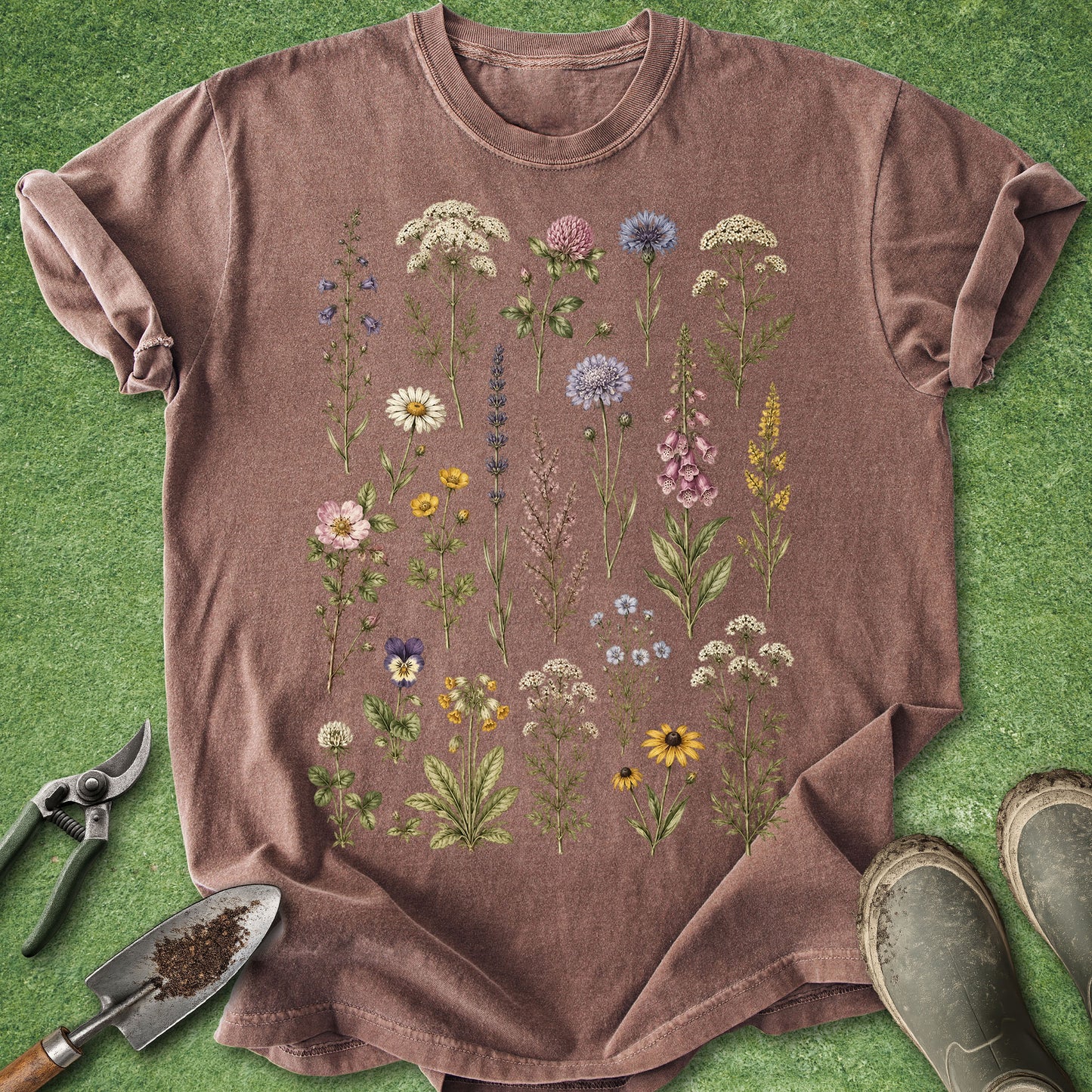 A dusty mauve-brown short-sleeve t-shirt with a vintage-style botanical wildflower print, laid flat on a green grass-like background with gardening tools and boots nearby.