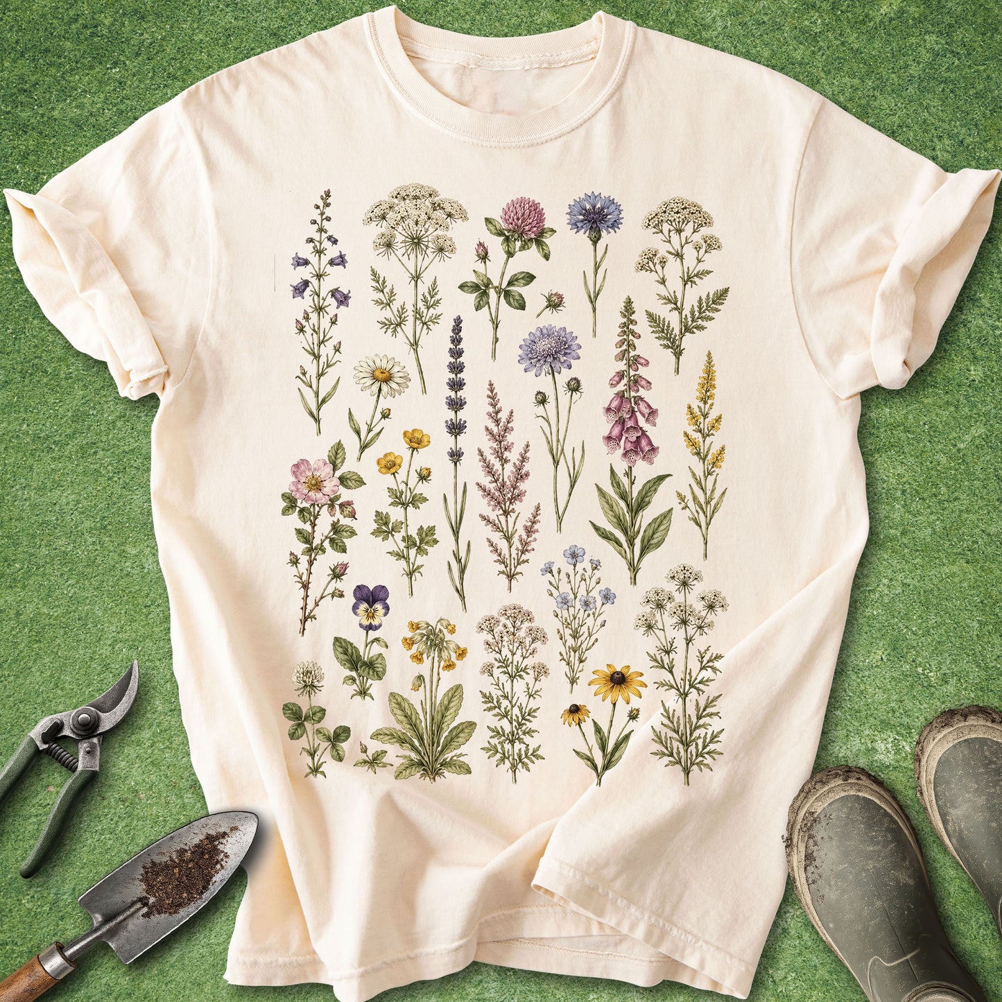 A cream-colored short-sleeve t-shirt with a vintage-style botanical print of various wildflowers, laid flat on a green grass-like surface with gardening tools and boots nearby.
