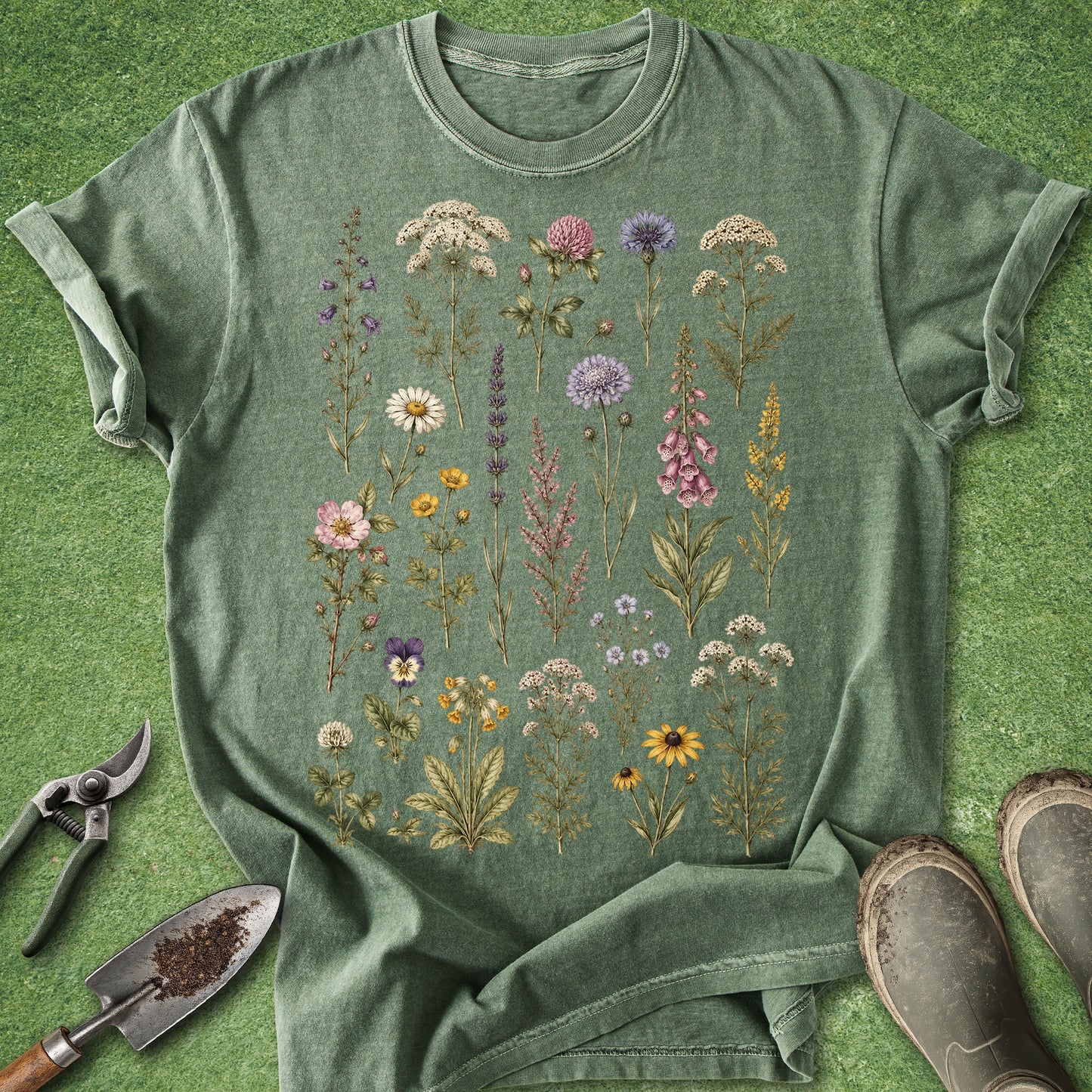 A sage green short-sleeve t-shirt with a colorful wildflower print, laid flat on a green grass-like background with gardening props including pruning shears, a trowel, and boots.