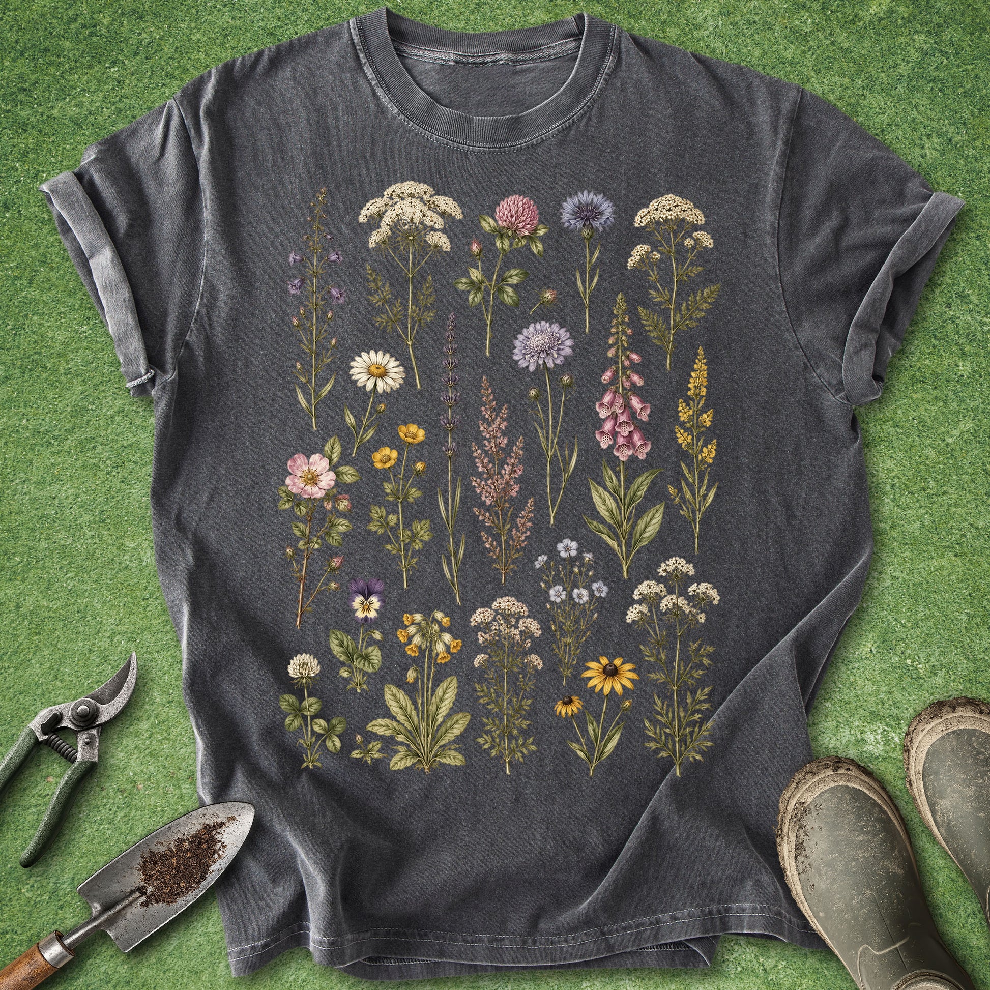 Pepper t-shirt featuring a vintage botanical illustration of assorted wildflowers arranged in a detailed floral collection on a dark background.