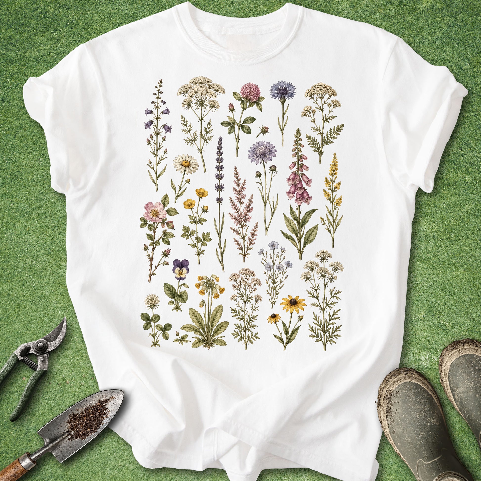 A white short-sleeve T-shirt laid flat on green grass, featuring a large central botanical print of assorted wildflowers in muted pink, purple, yellow, and green tones. Gardening tools and muddy boots are partially visible around the shirt.