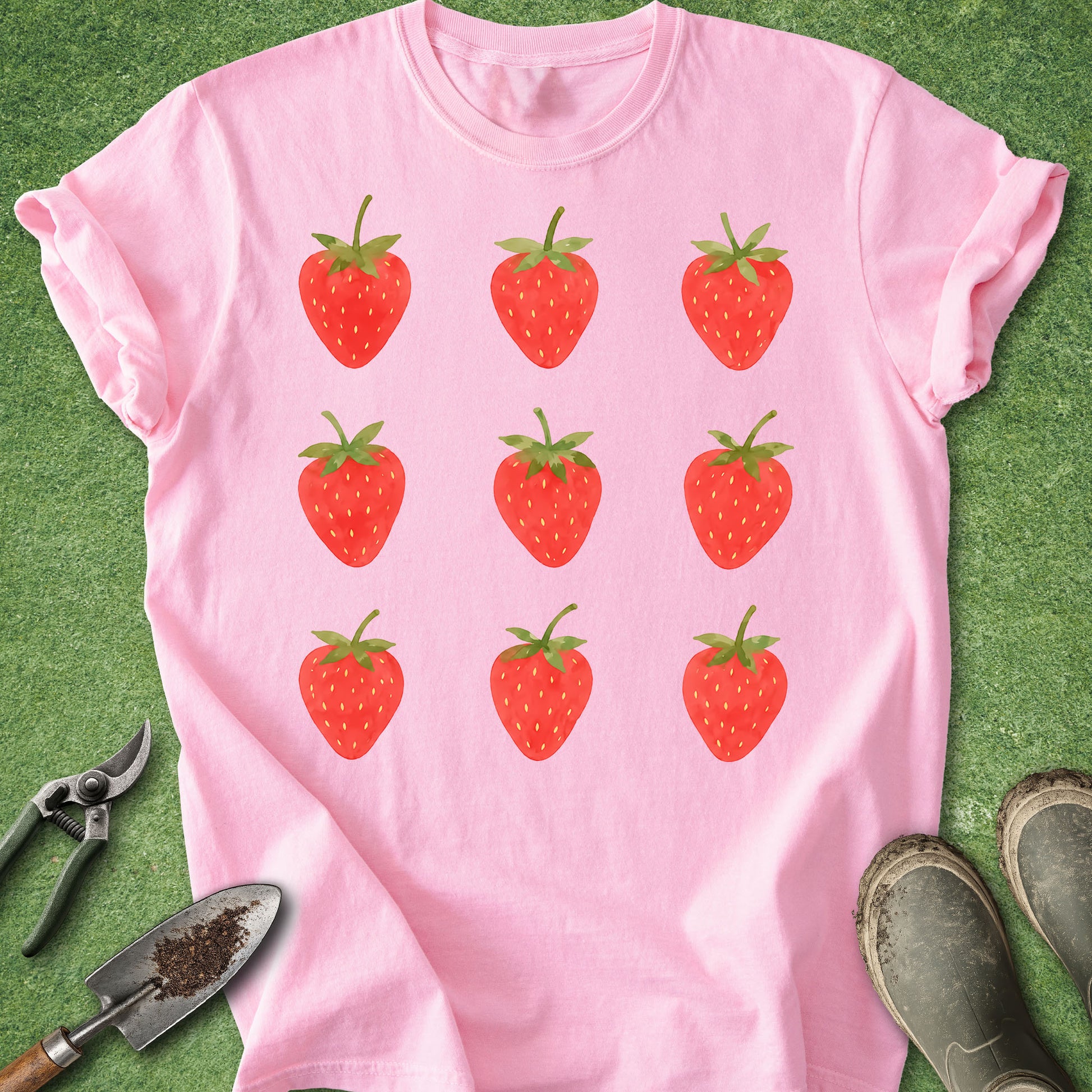 Blossom t-shirt featuring nine hand-painted watercolor strawberries arranged in a simple three-by-three grid with bright red berries and green leaves.
