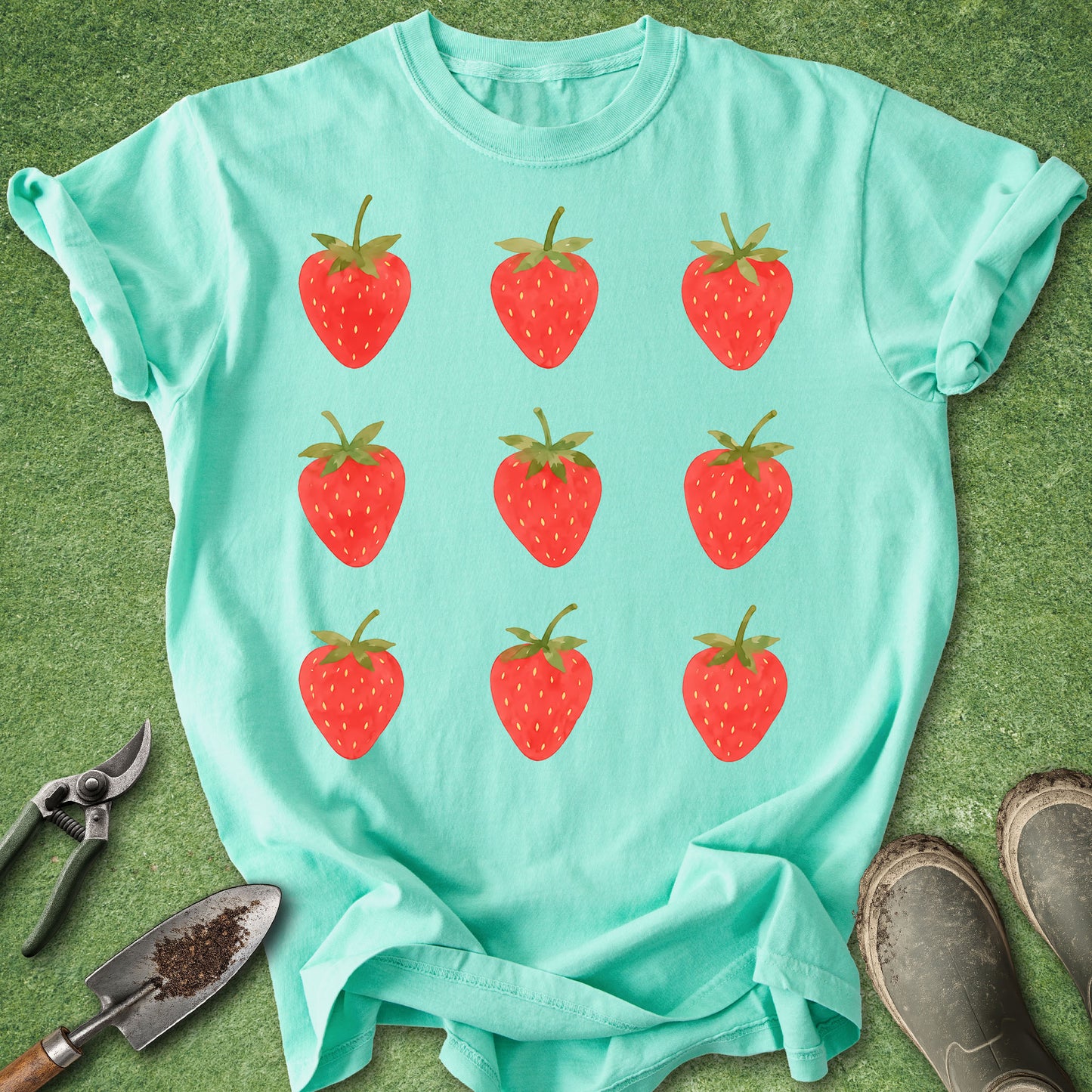 Light Green t-shirt featuring nine hand-painted watercolor strawberries arranged in a simple three-by-three grid with bright red berries and green leaves.
