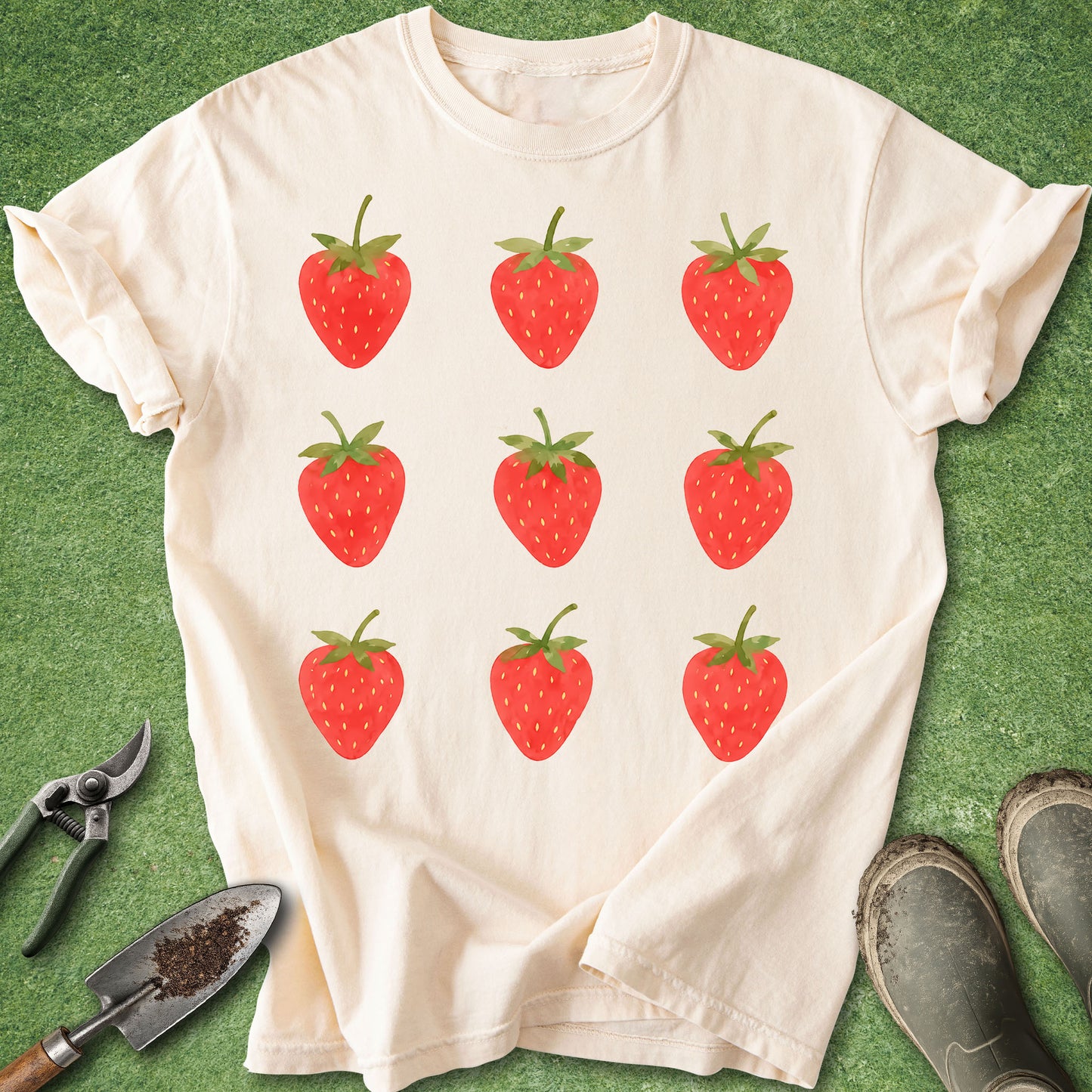 Ivory t-shirt featuring nine hand-painted watercolor strawberries arranged in a simple three-by-three grid with bright red berries and green leaves.