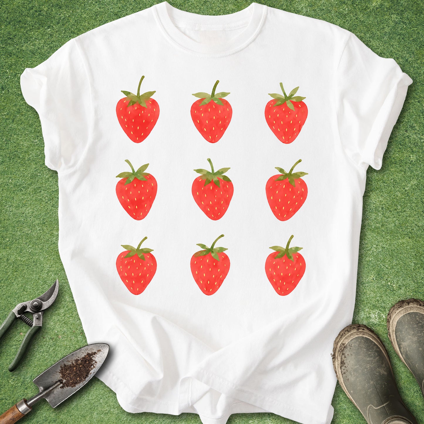 White t-shirt featuring nine hand-painted watercolor strawberries arranged in a simple three-by-three grid with bright red berries and green leaves.