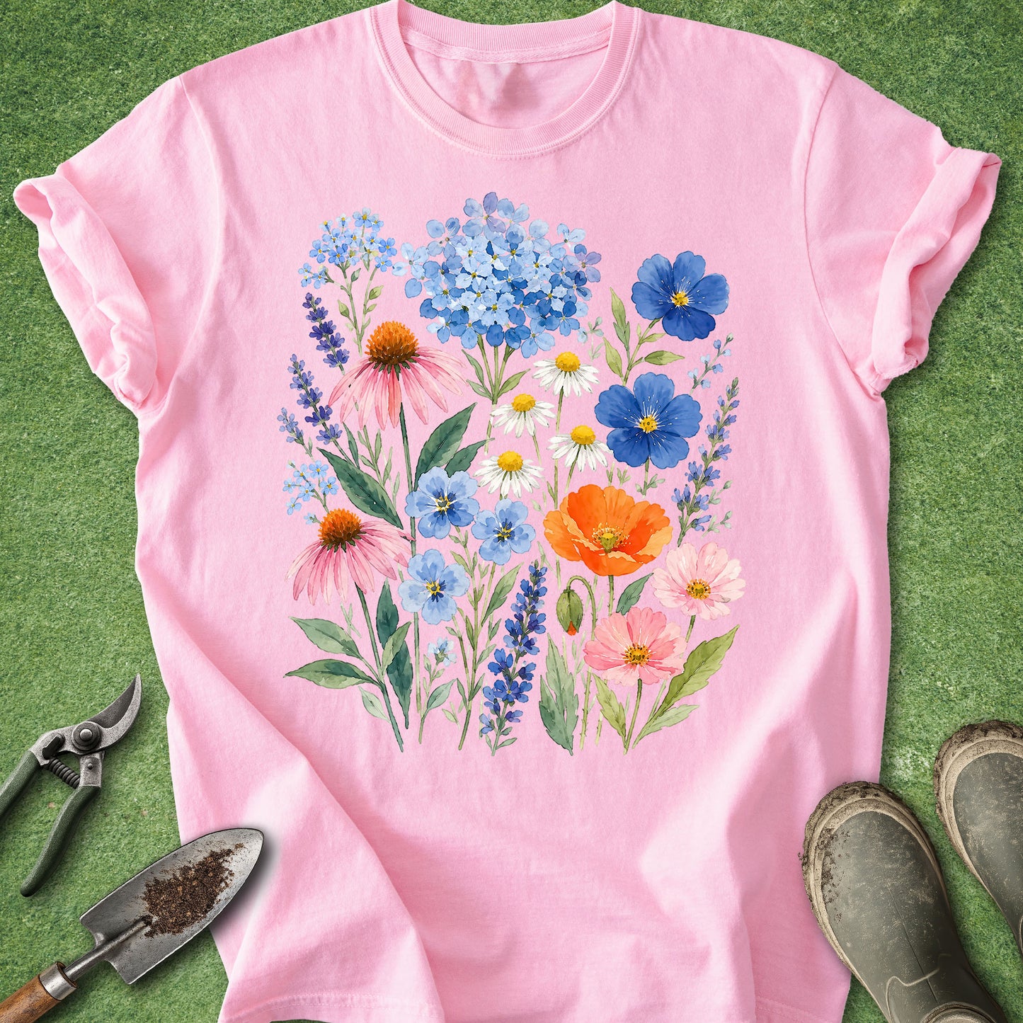 blossom t-shirt featuring a colorful watercolor bouquet of wildflowers including hydrangeas, lavender, daisies, coneflowers, cosmos, poppies, and forget-me-nots in a botanical floral arrangement.