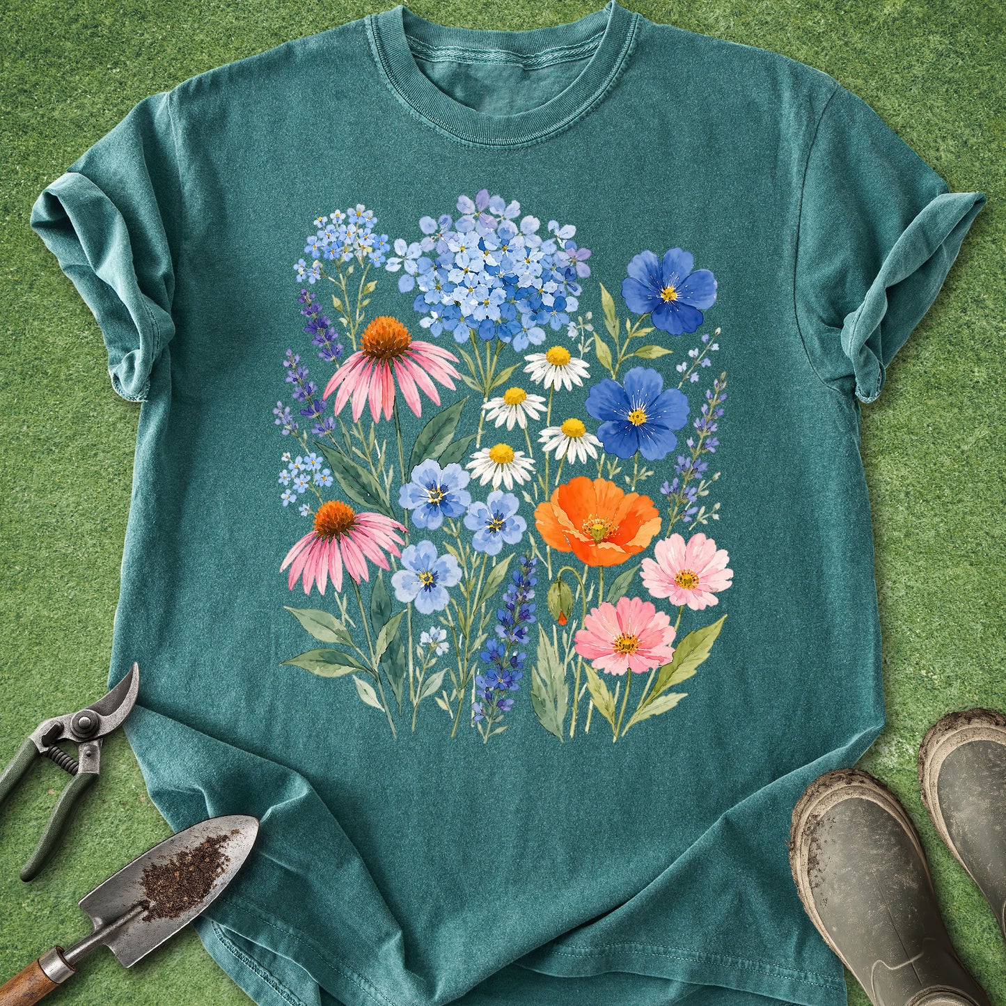 blue-spruce t-shirt featuring a colorful watercolor bouquet of wildflowers including hydrangeas, lavender, daisies, coneflowers, cosmos, poppies, and forget-me-nots in a botanical floral arrangement.
