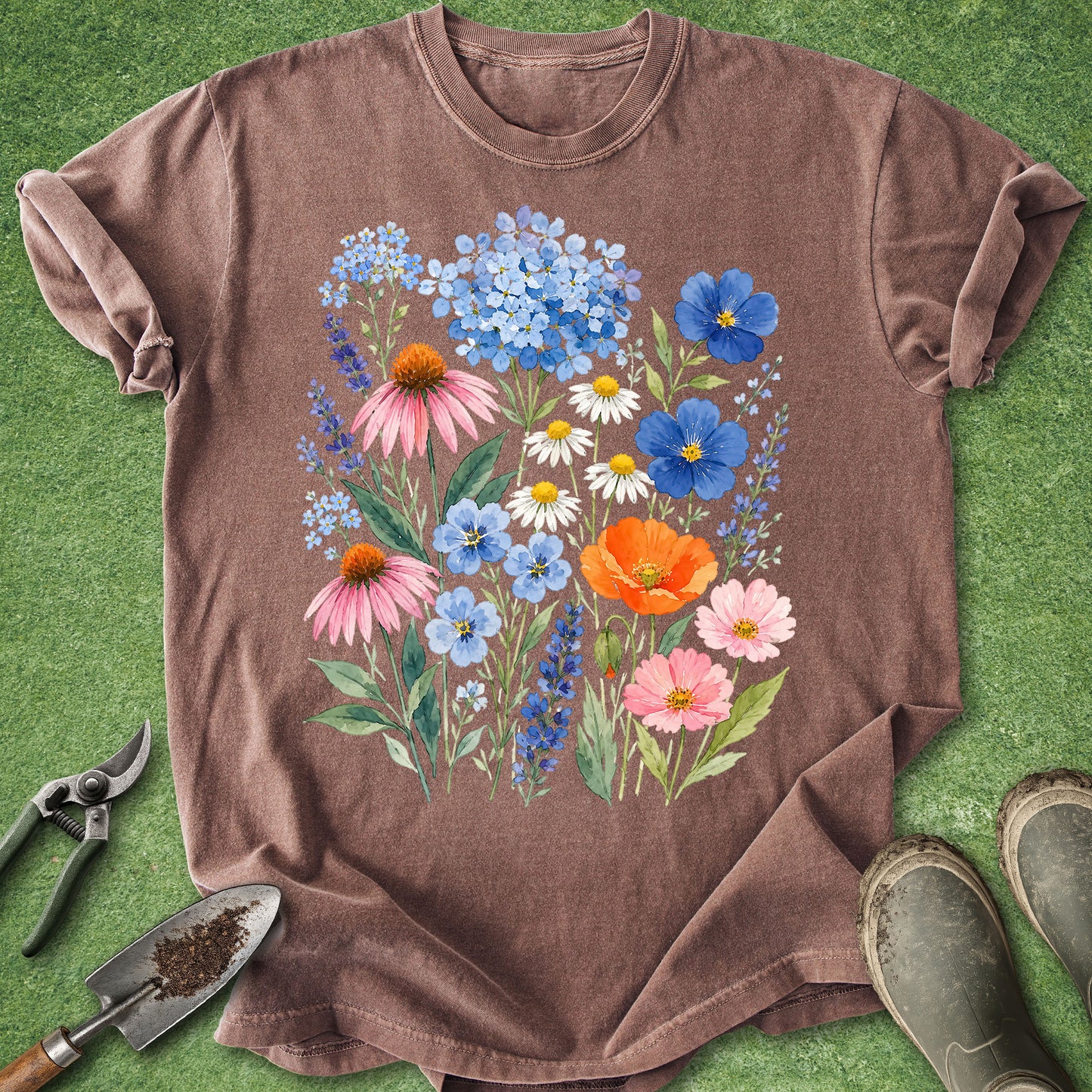 espresso blue t-shirt featuring a colorful watercolor bouquet of wildflowers including hydrangeas, lavender, daisies, coneflowers, cosmos, poppies, and forget-me-nots in a botanical floral arrangement.