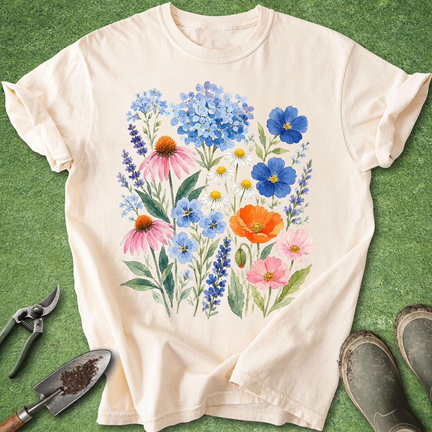 Ivory t-shirt featuring a colorful watercolor bouquet of wildflowers including hydrangeas, lavender, daisies, coneflowers, cosmos, poppies, and forget-me-nots in a botanical floral arrangement.