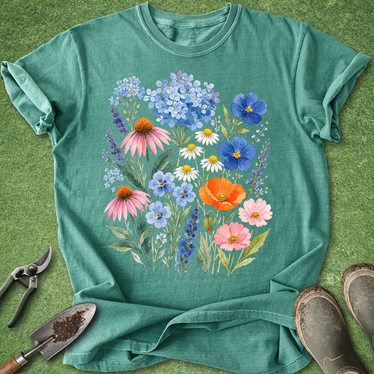 Light Green t-shirt featuring a colorful watercolor bouquet of wildflowers including hydrangeas, lavender, daisies, coneflowers, cosmos, poppies, and forget-me-nots in a botanical floral arrangement.