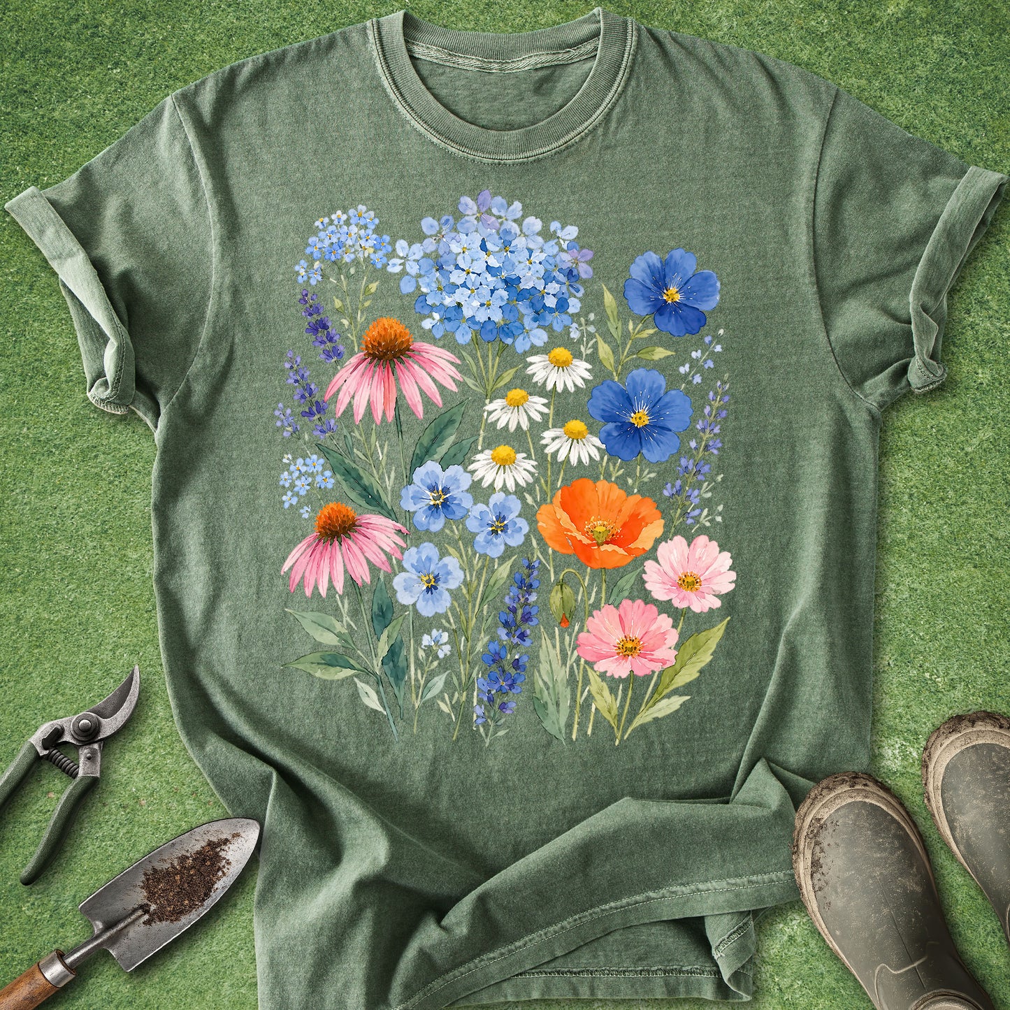 Moss Color t-shirt featuring a colorful watercolor bouquet of wildflowers including hydrangeas, lavender, daisies, coneflowers, cosmos, poppies, and forget-me-nots in a botanical floral arrangement.