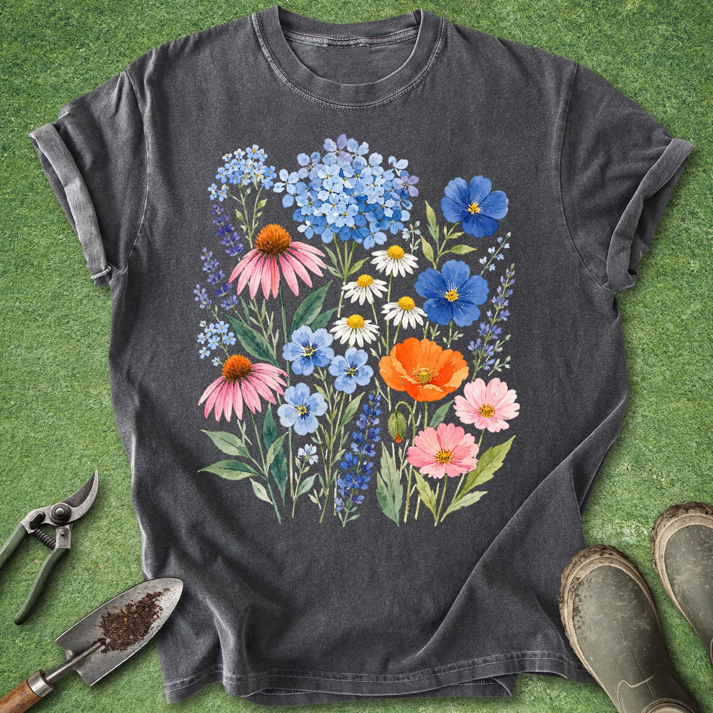 Peppper Color t-shirt featuring a colorful watercolor bouquet of wildflowers including hydrangeas, lavender, daisies, coneflowers, cosmos, poppies, and forget-me-nots in a botanical floral arrangement.
