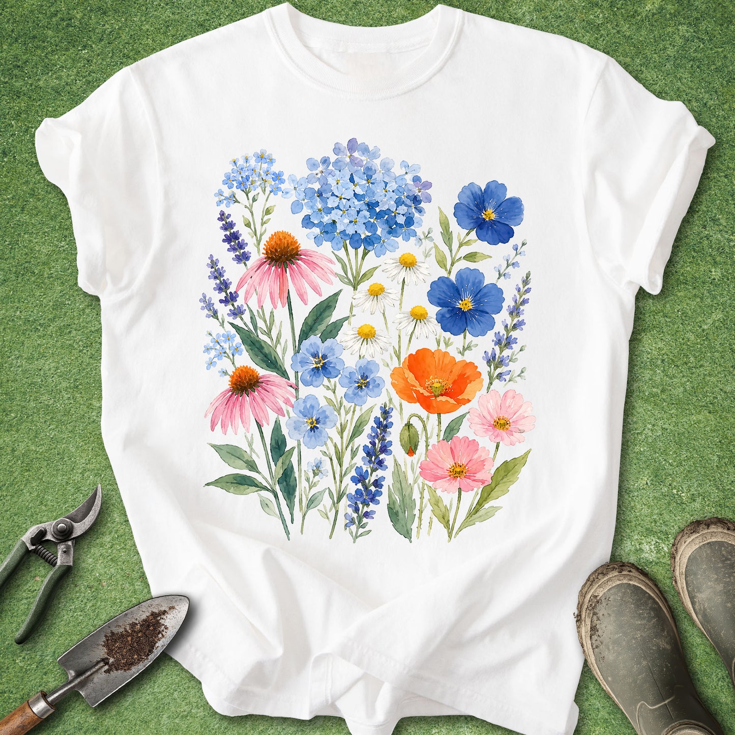A white short-sleeve T-shirt laid flat on green grass, featuring a colorful watercolor-style floral print with blue, pink, orange, yellow, and green flowers. A small gardening tool set and a pair of boots are placed around the shirt as styling props.