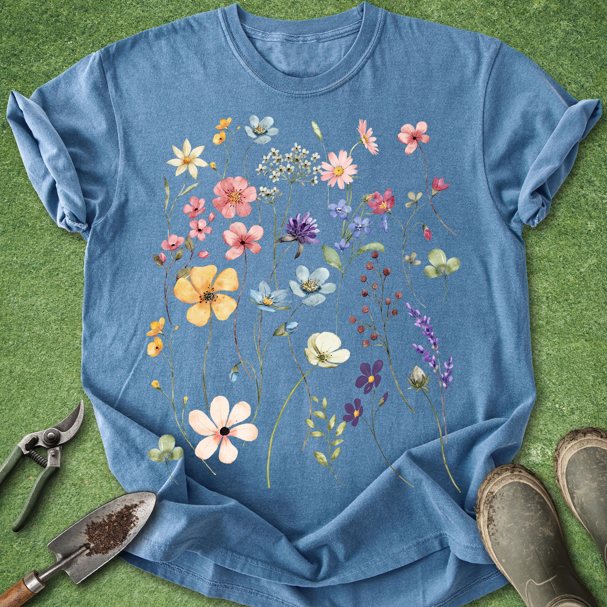 Blue t-shirt with floral design on a green grass background