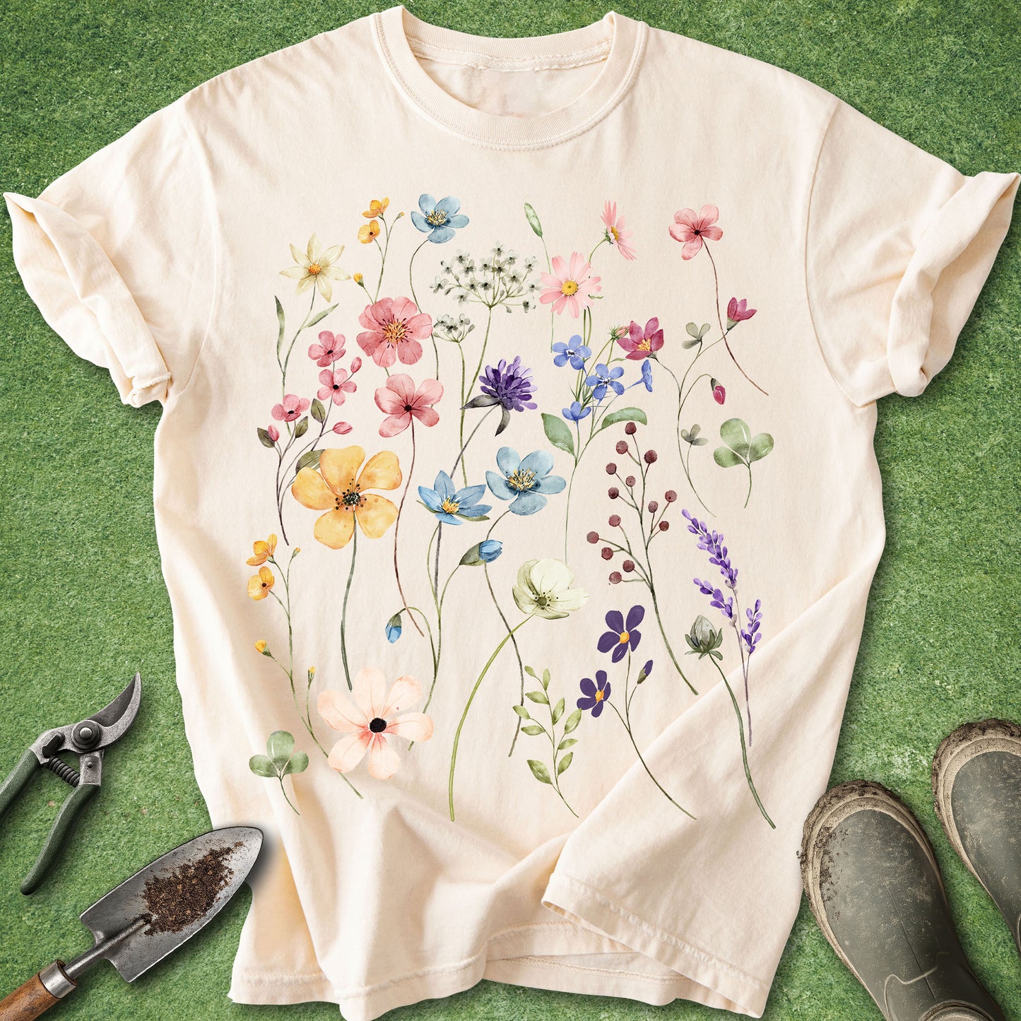 Beige t-shirt with floral design on a green background
