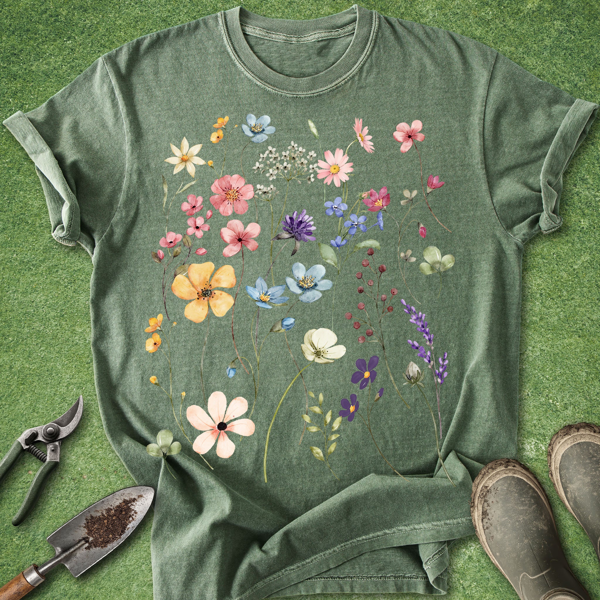 Green t-shirt with floral design on a green background