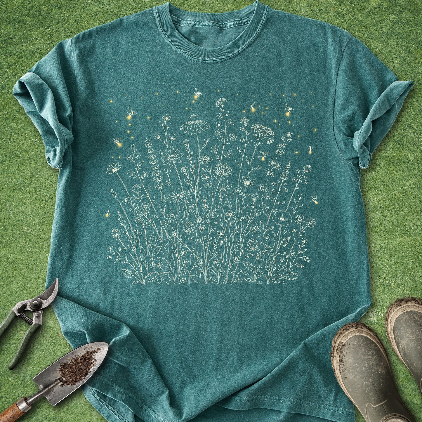 A teal short-sleeve t-shirt with a white line-art graphic of wildflowers and small yellow insects, laid flat on green grass with gardening tools and boots nearby.