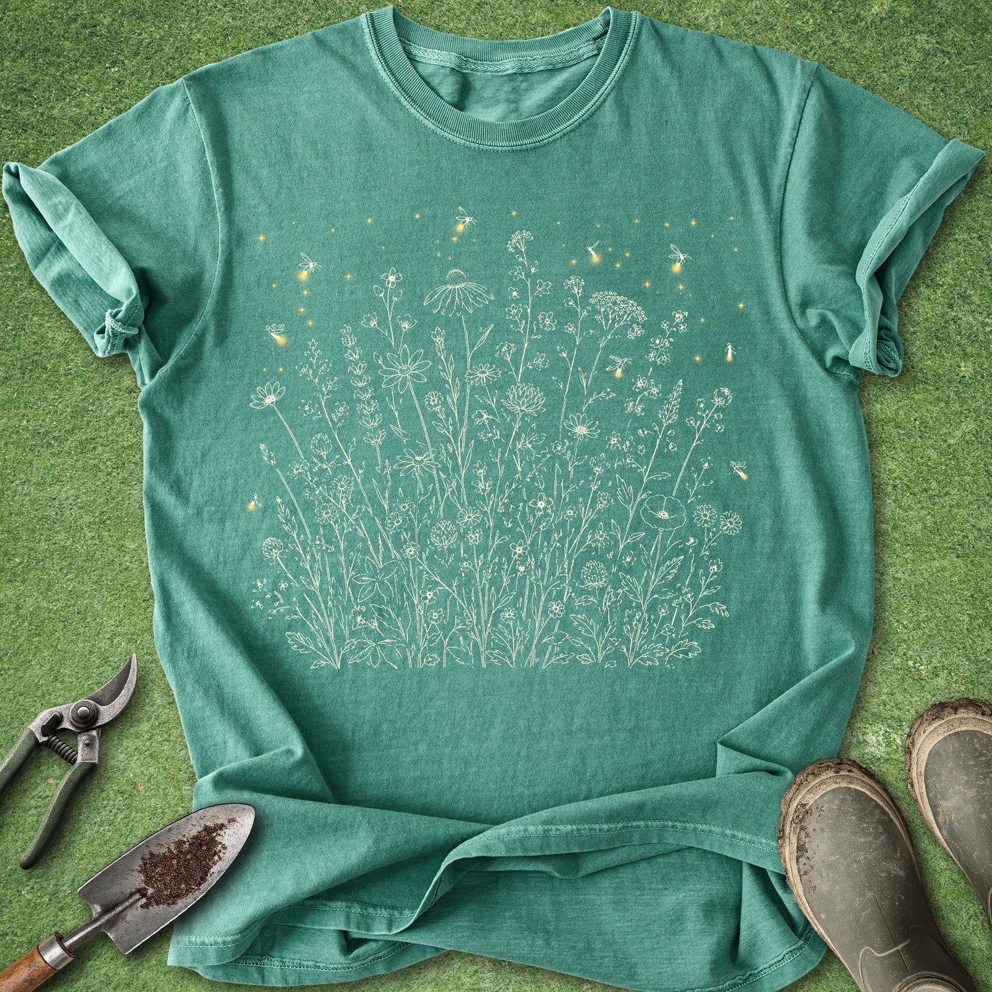 A teal green short-sleeve t-shirt with a white line-art graphic of wildflowers and small yellow butterflies, styled in a flat-lay on green grass with gardening tools and boots.