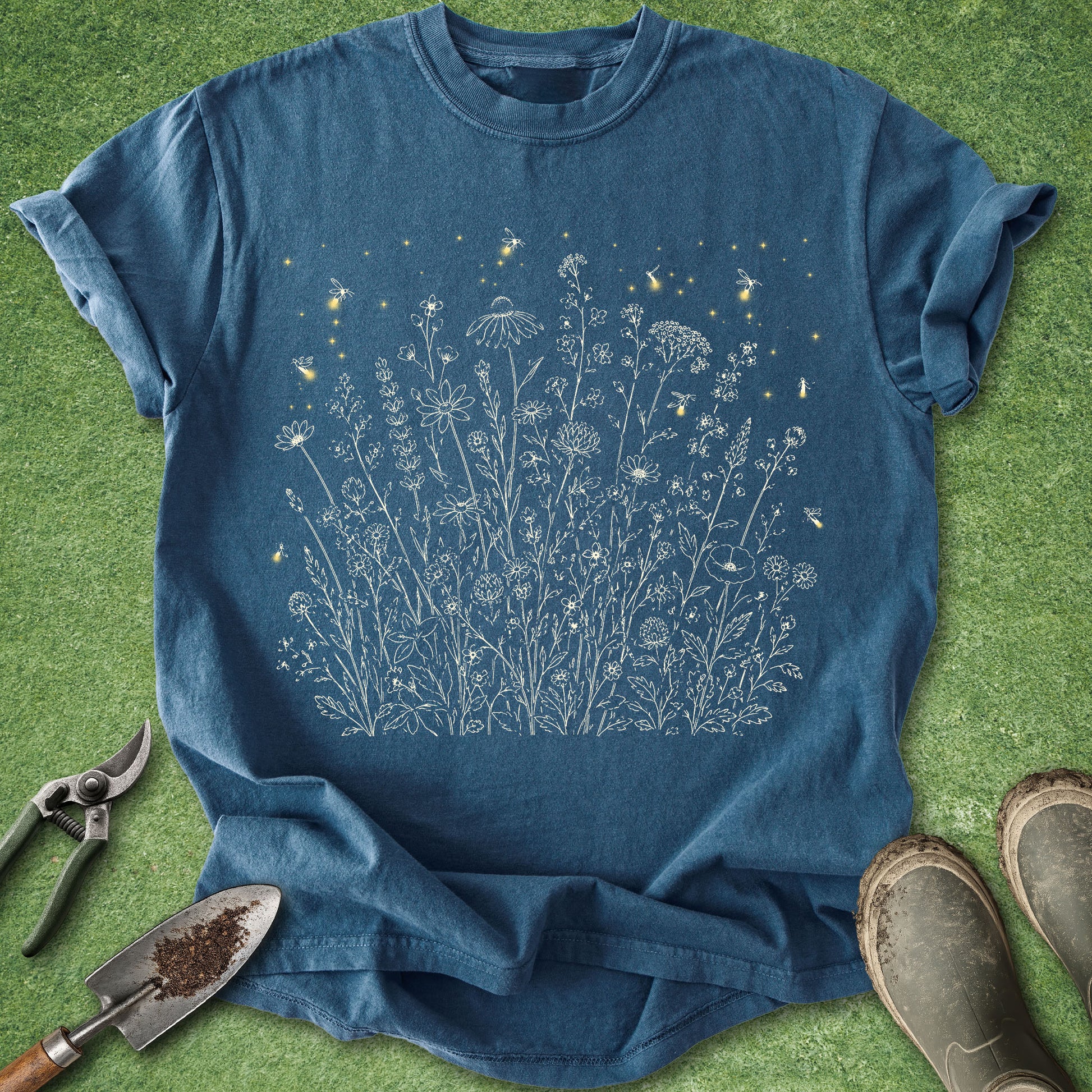 Botanical wildflower meadow shirt featuring delicate white floral line art with glowing fireflies on a dark blue background.
