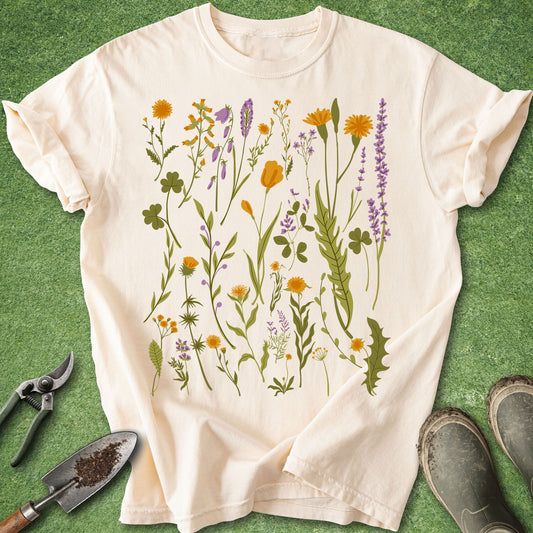 Ivory botanical t-shirt featuring a colorful collection of illustrated wildflowers and meadow plants