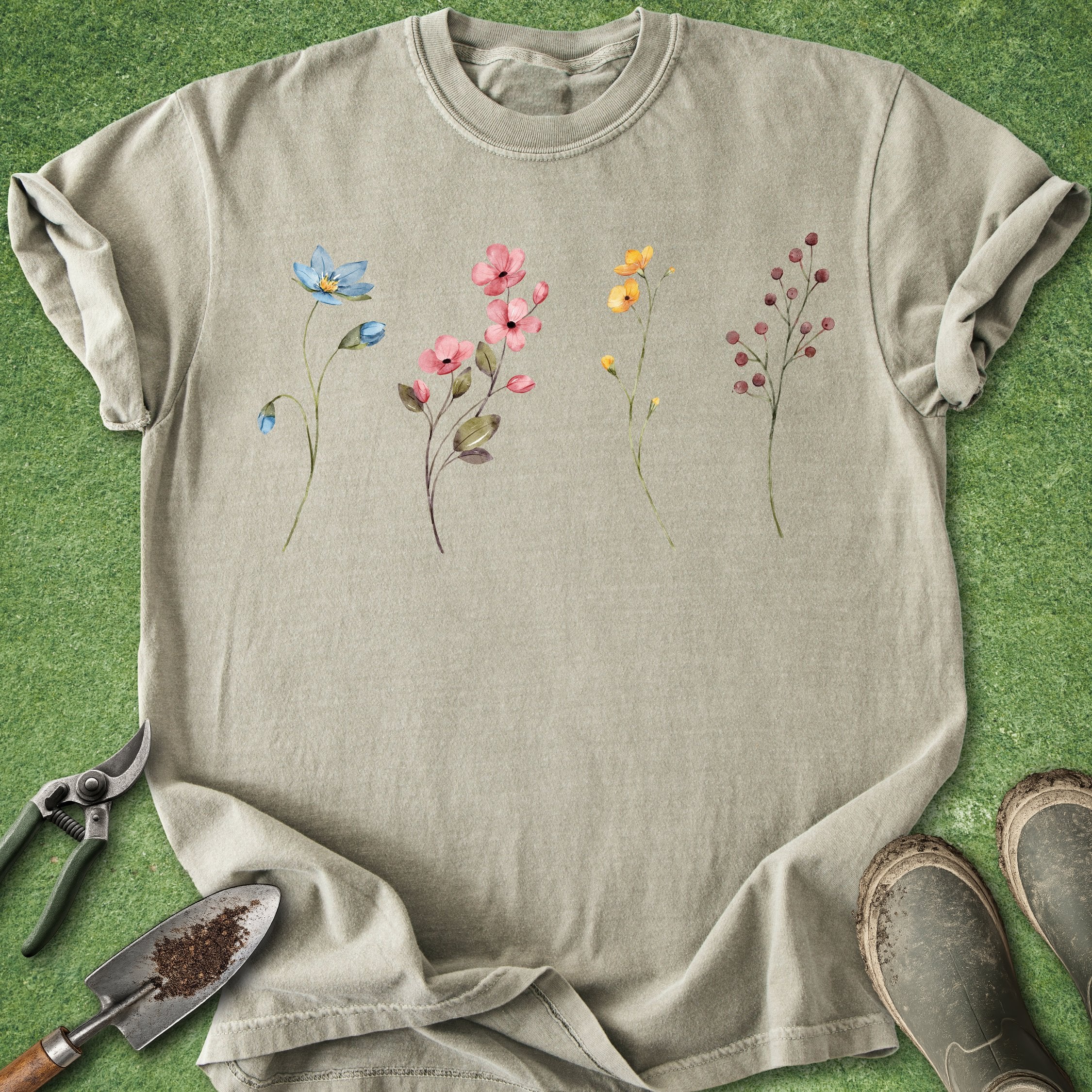 Beige t-shirt with floral designs on a green background
