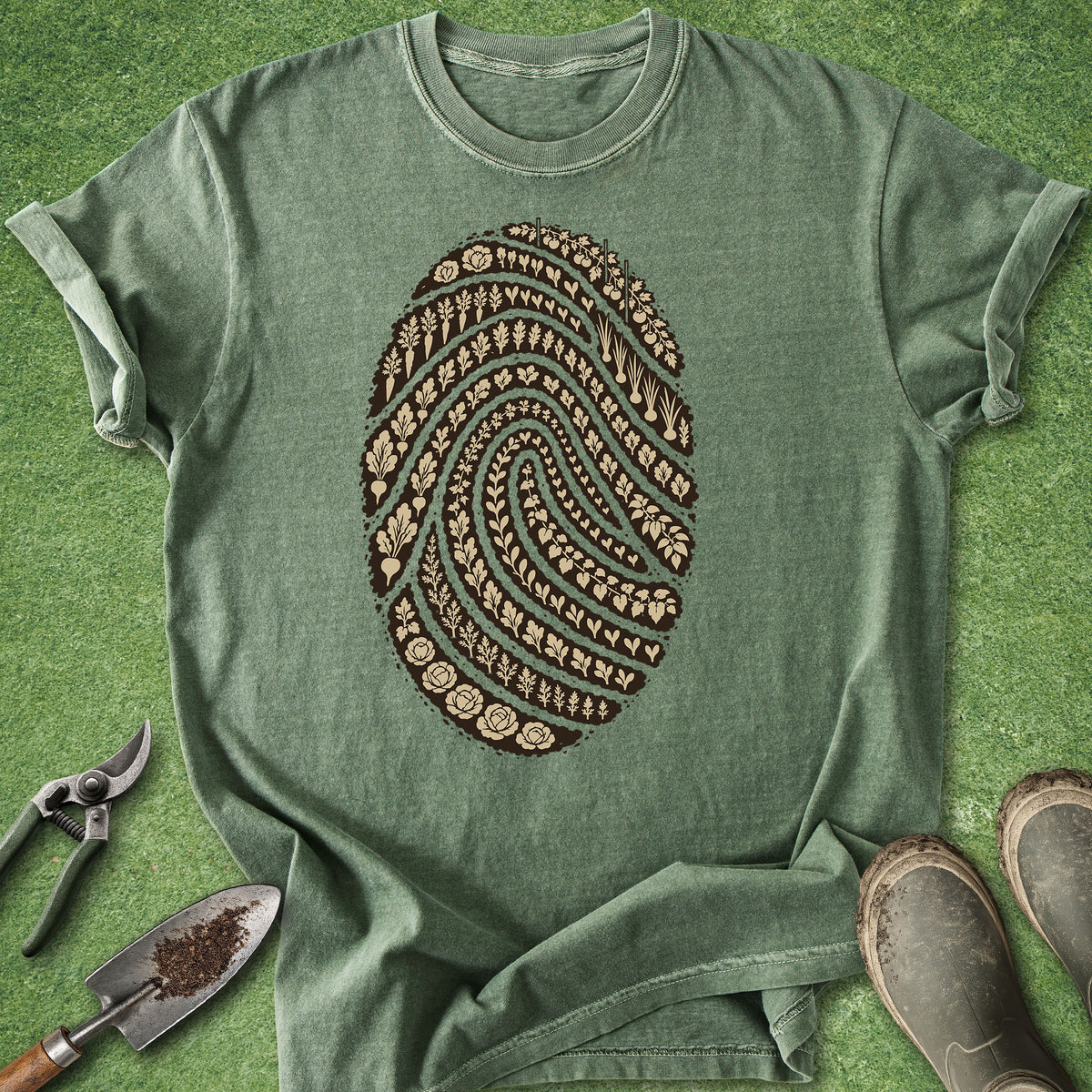 An olive green short-sleeve t-shirt with a large brown fingerprint graphic printed on the chest, laid flat on a green grass-like background with gardening tools and boots nearby.
