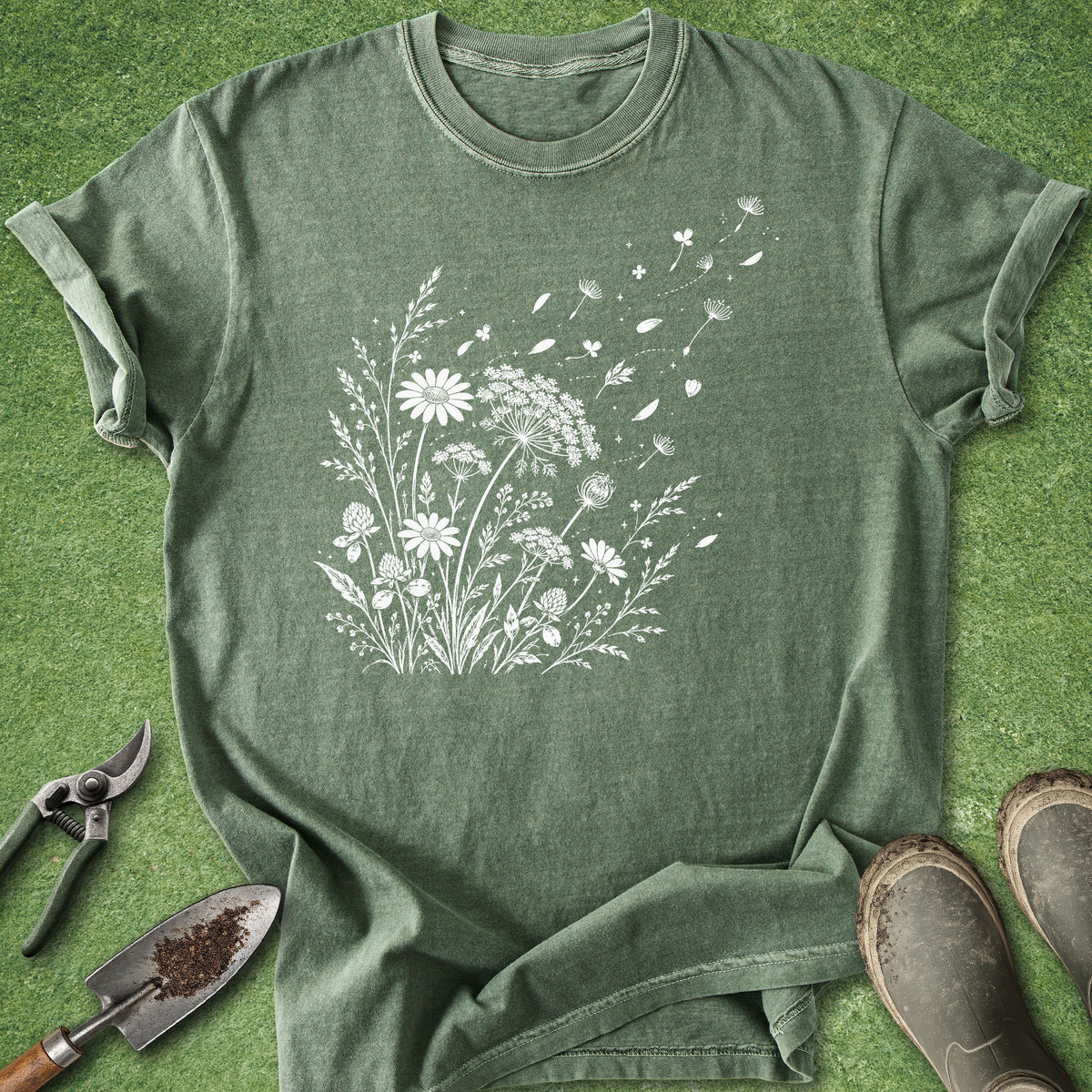 An olive green short-sleeve t-shirt with a white floral and dandelion graphic on the front, styled flat-lay on green grass with gardening tools and boots.