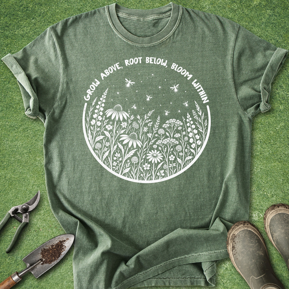 An olive green graphic t-shirt laid flat on a green grass-like surface, styled with gardening tools and boots. The t-shirt features a white circular graphic of wildflowers, stars, and the text 'GROW ABOVE, ROOT BELOW, BLOOM WITHIN'.