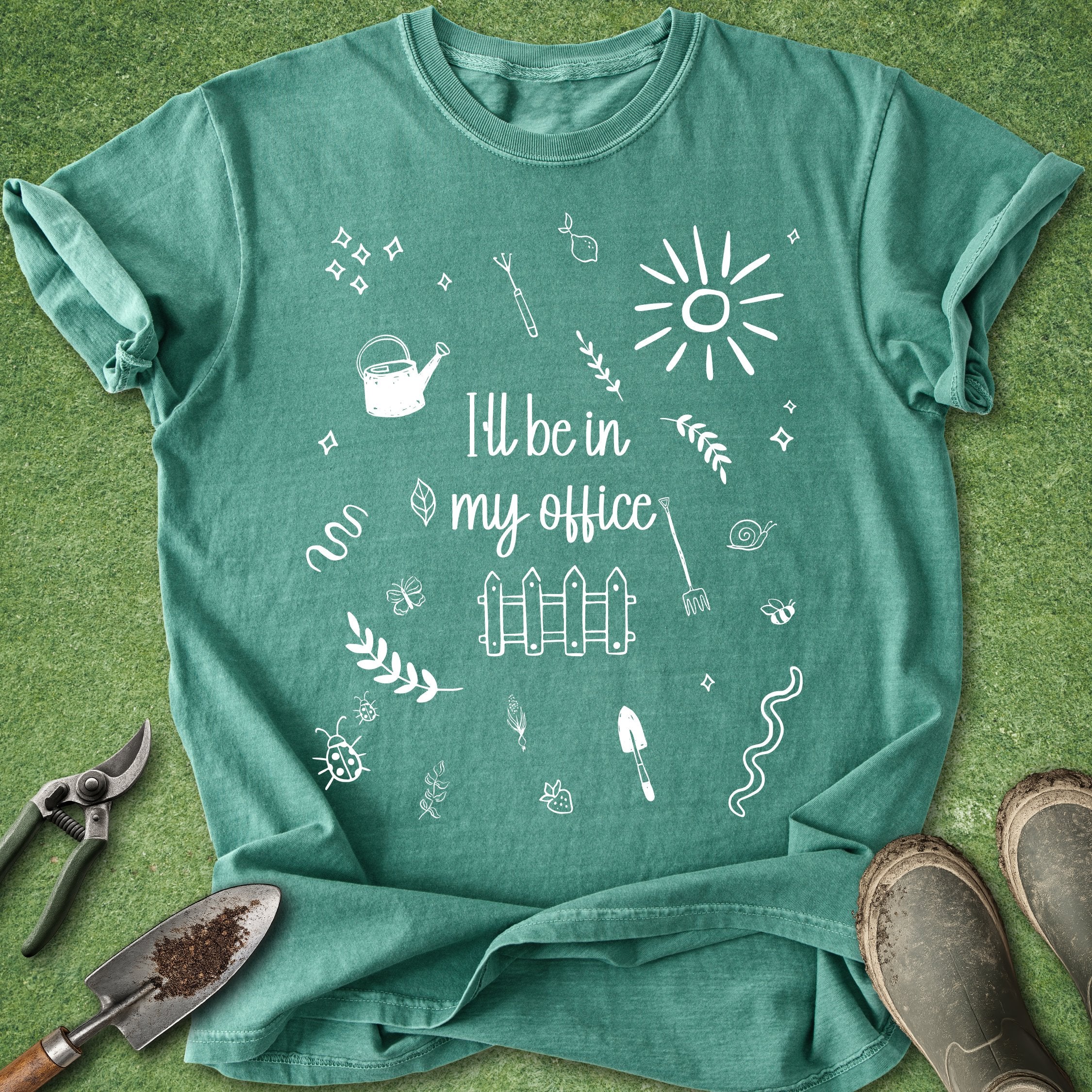 Green t-shirt with white graphics and text on a green background