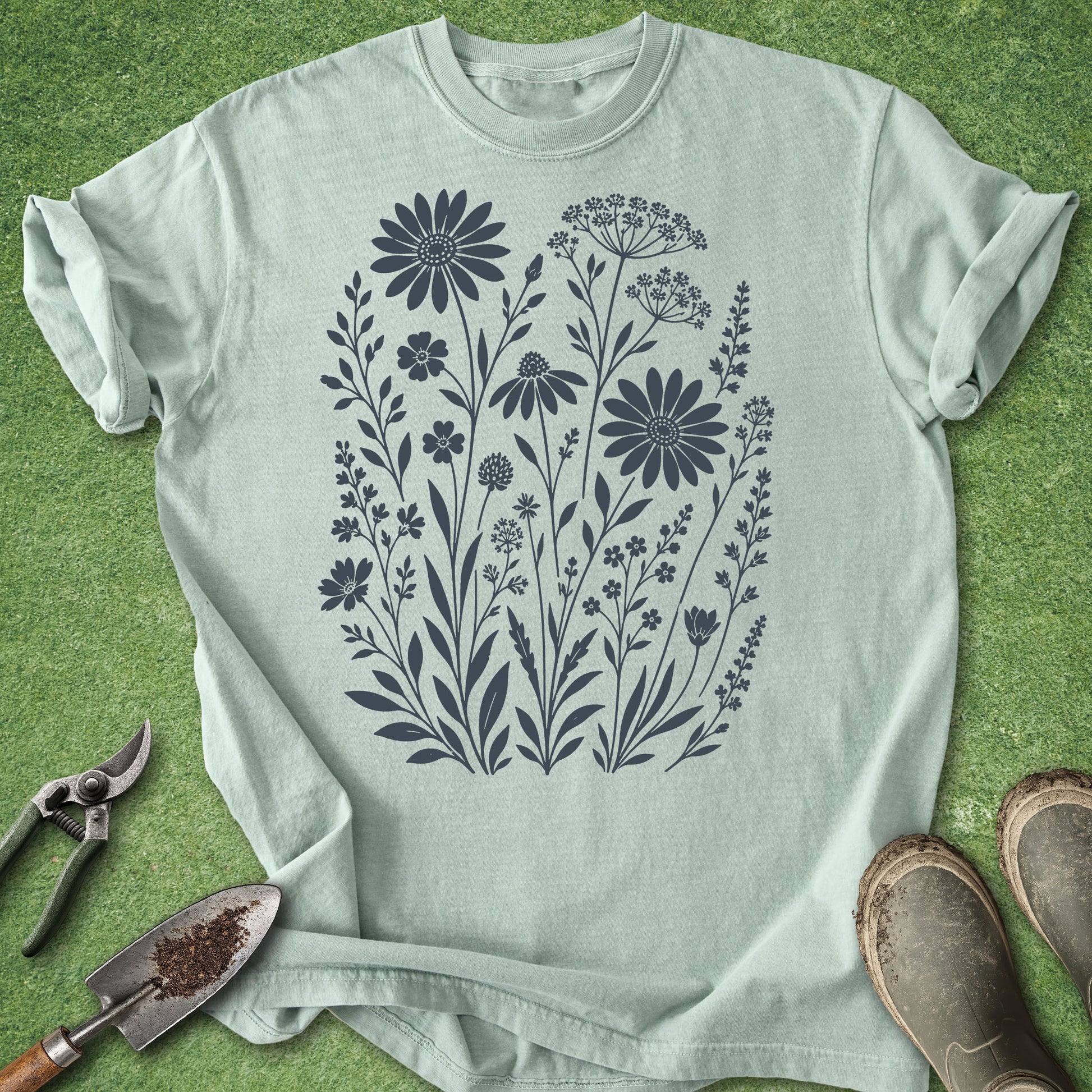 Green t-shirt featuring a dark botanical wildflower garden illustration with flowers, leafy stems and meadow plants.