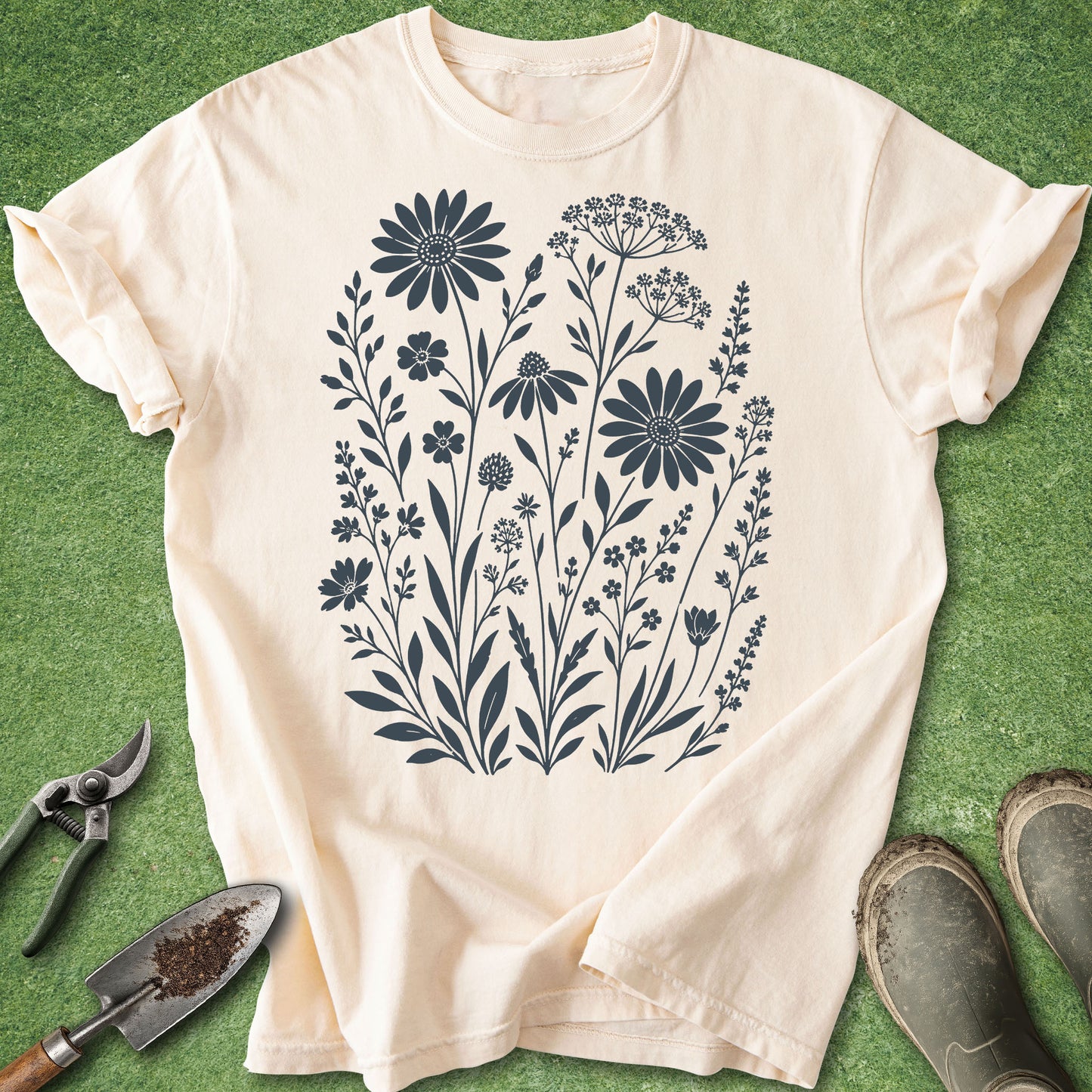 A cream-colored short-sleeve t-shirt with a dark navy blue floral print, laid flat on a green grass-like surface with gardening tools and boots nearby.