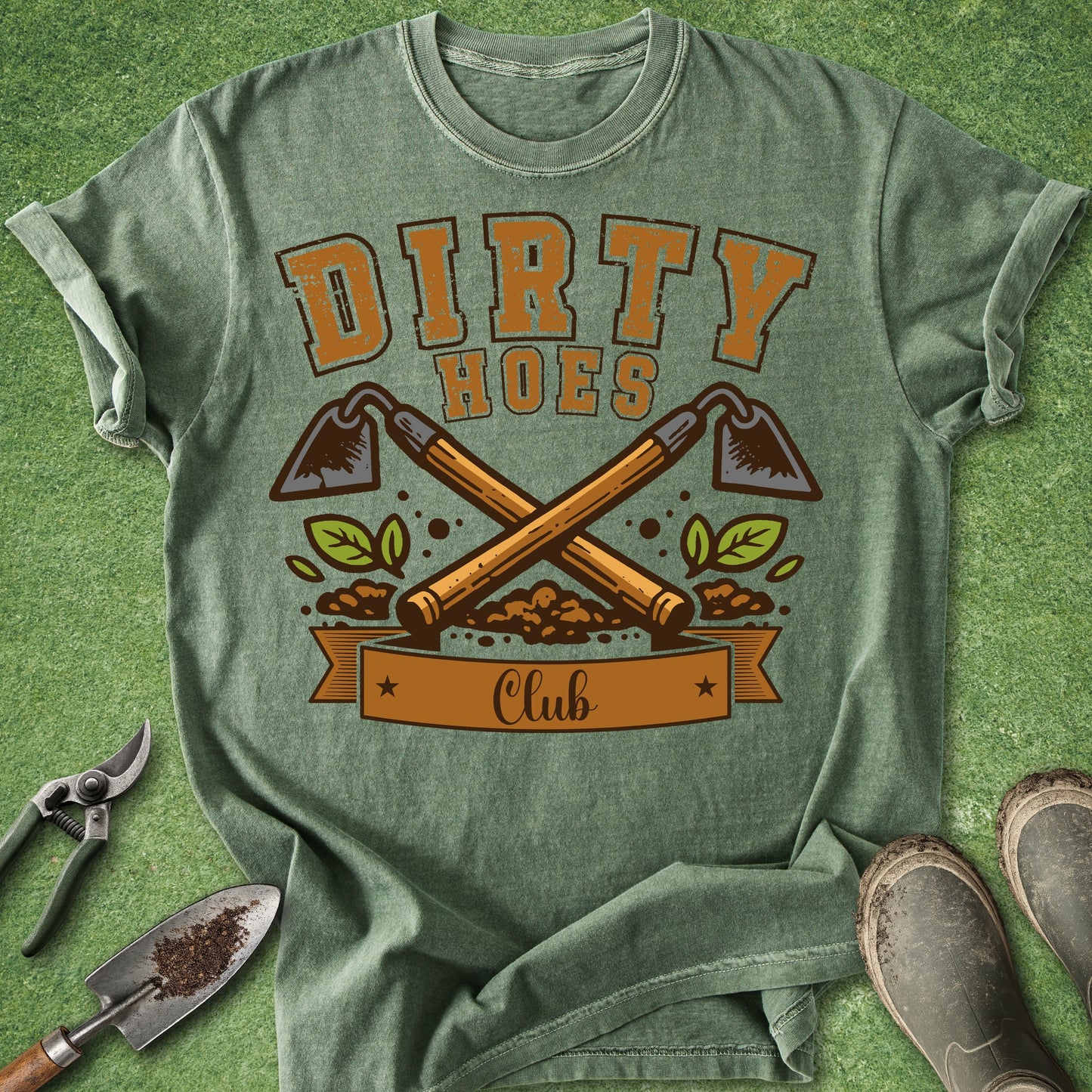 moss color dirty hoes club gardening shirt funny gardener t-shirt with crossed garden hoes graphic