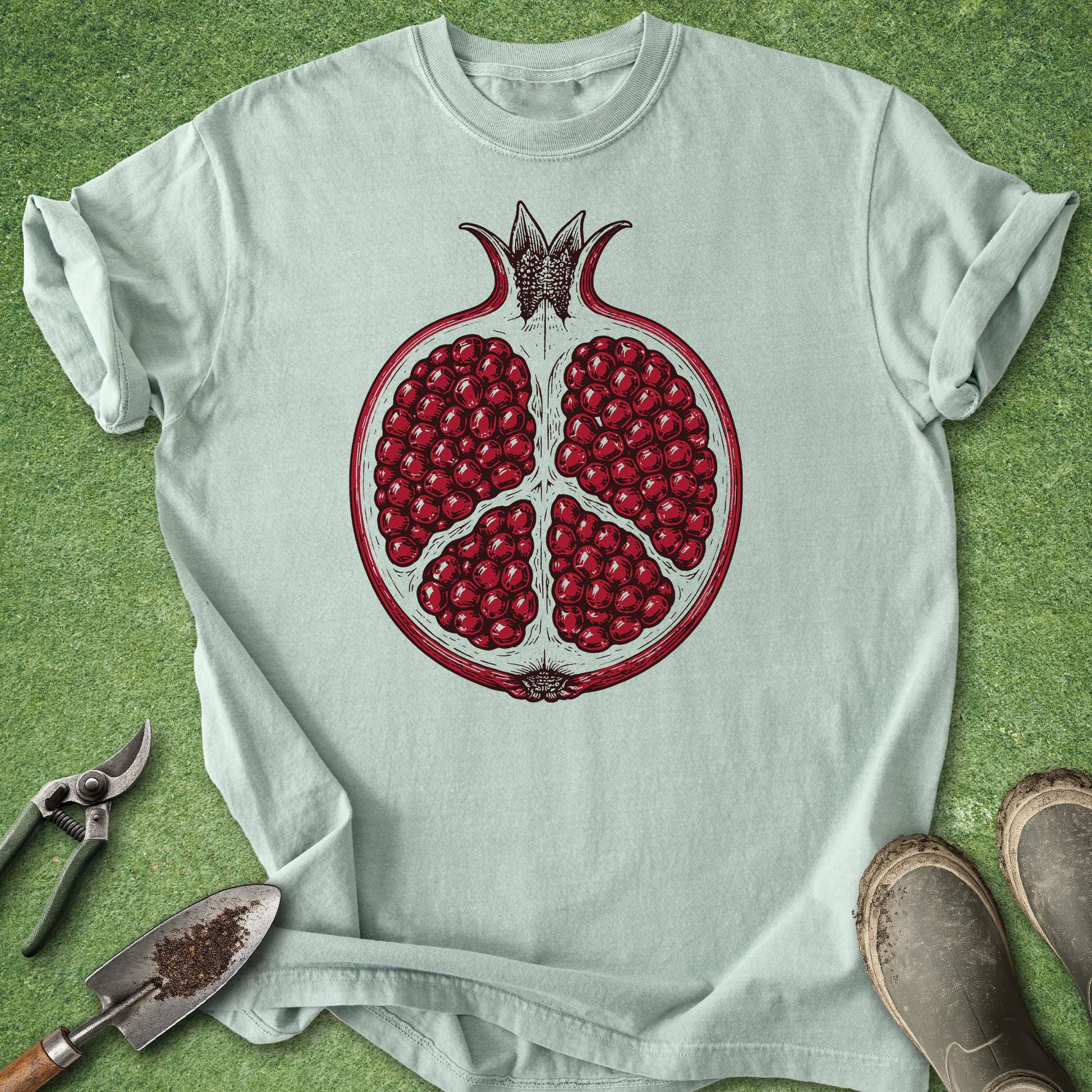 A light sage green t-shirt laid flat on a green grass-like surface, featuring a large graphic of a sliced pomegranate with red seeds on the chest. Gardening tools and muddy boots are placed around the shirt as props.